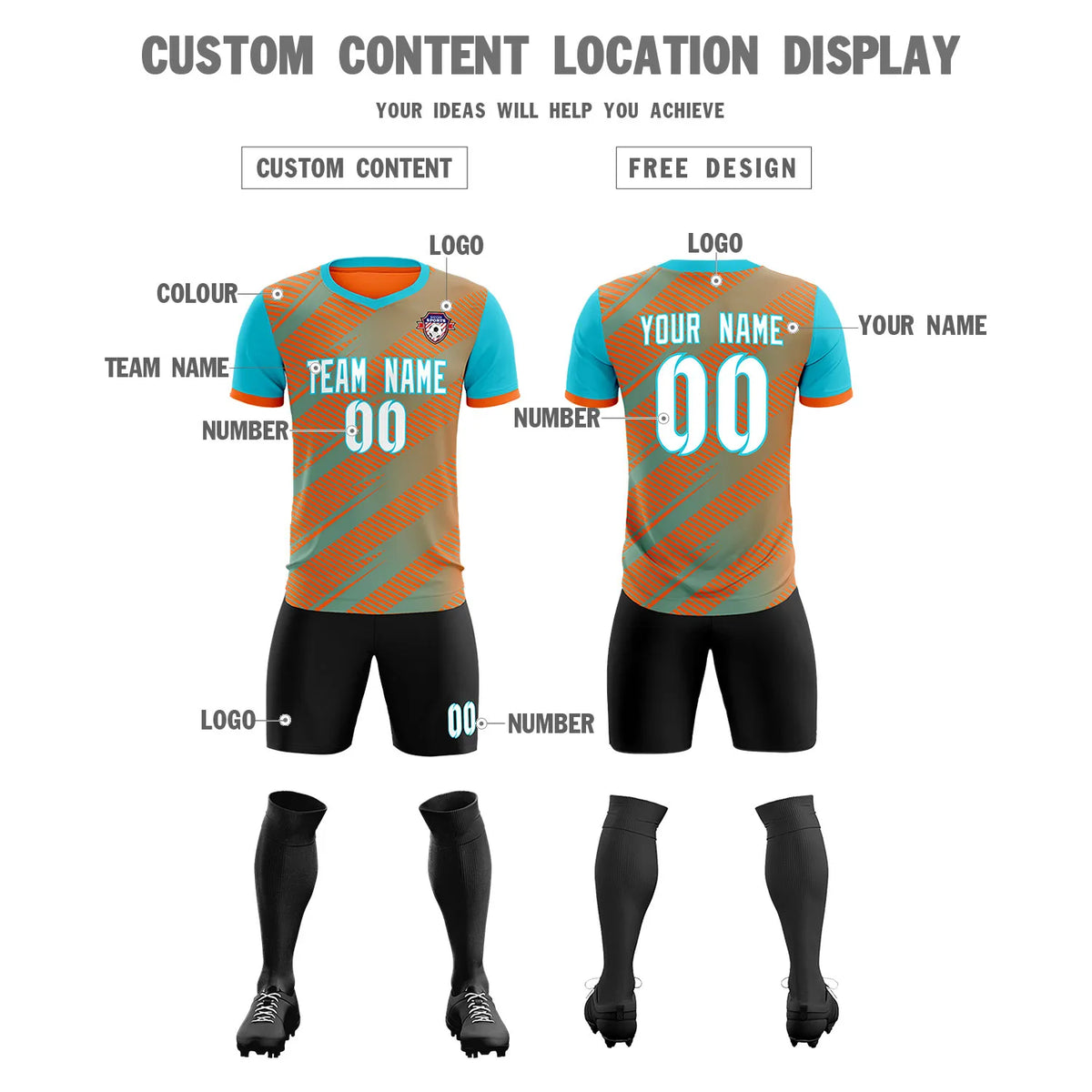Custom Orange Aqua Casual Sport Soccer Sets Jersey