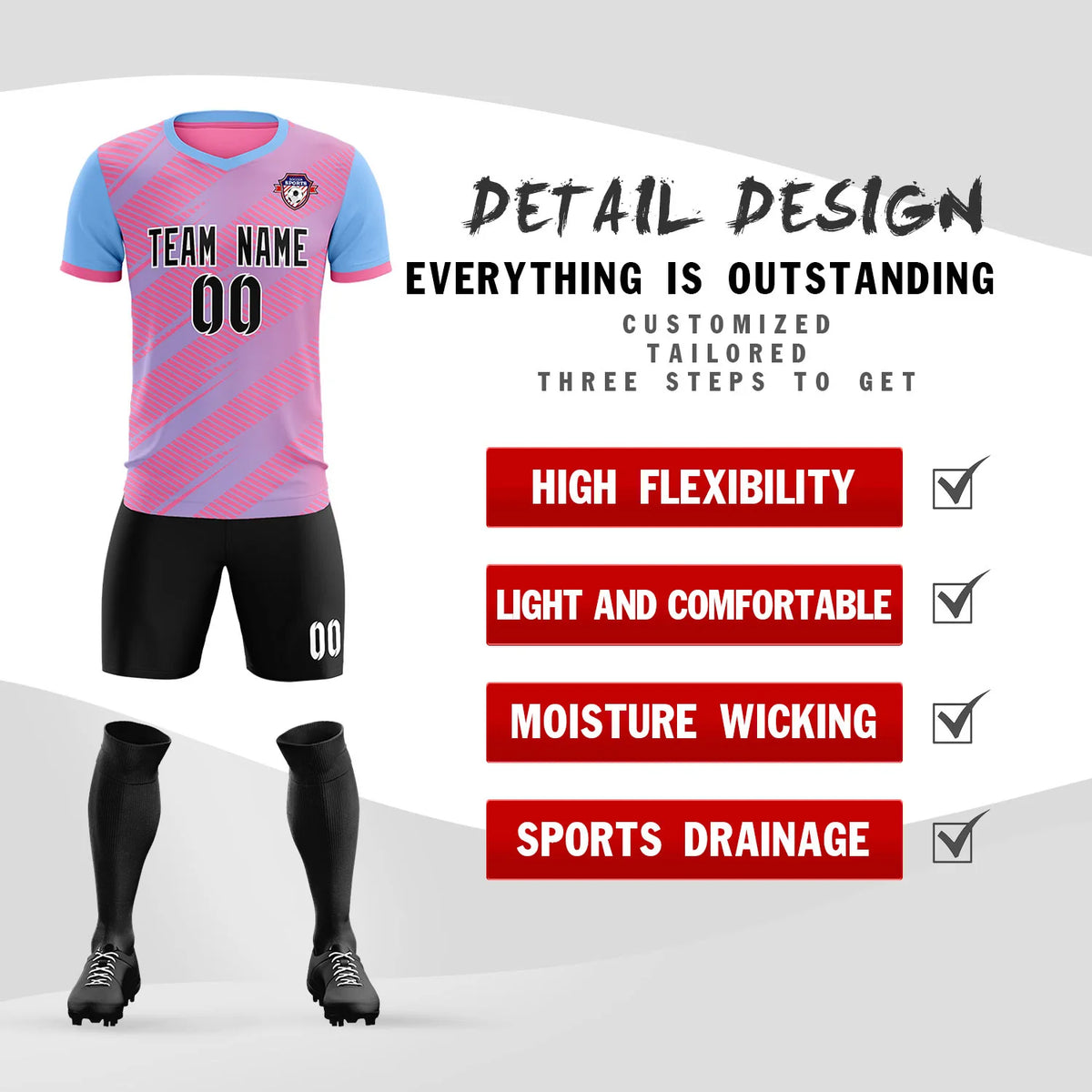 Custom Pink Light Blue Casual Sport Soccer Sets Jersey