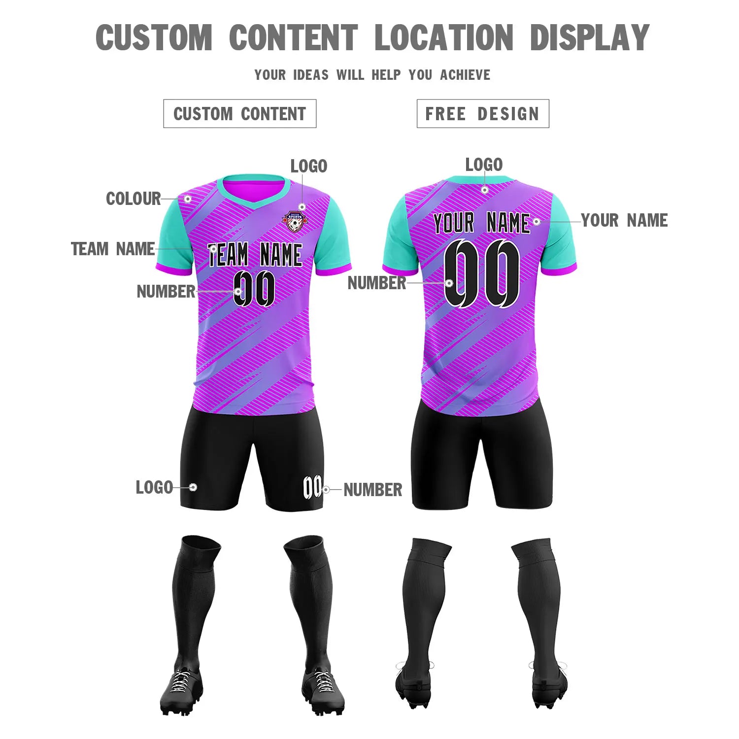 Custom Purple Bright Green Casual Sport Soccer Sets Jersey