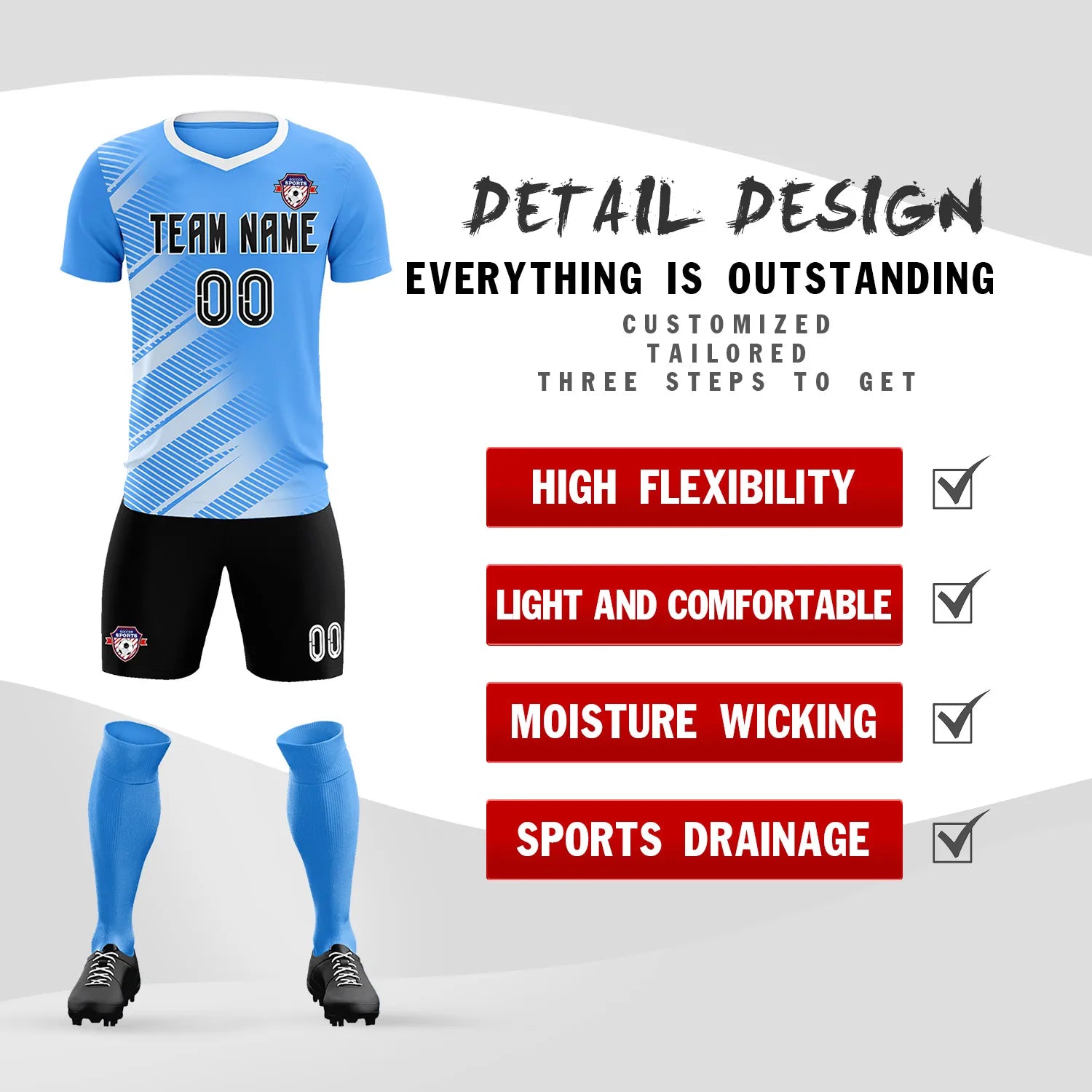 Custom Powder Blue White Casual Printing Sportswear Soccer Sets Jersey