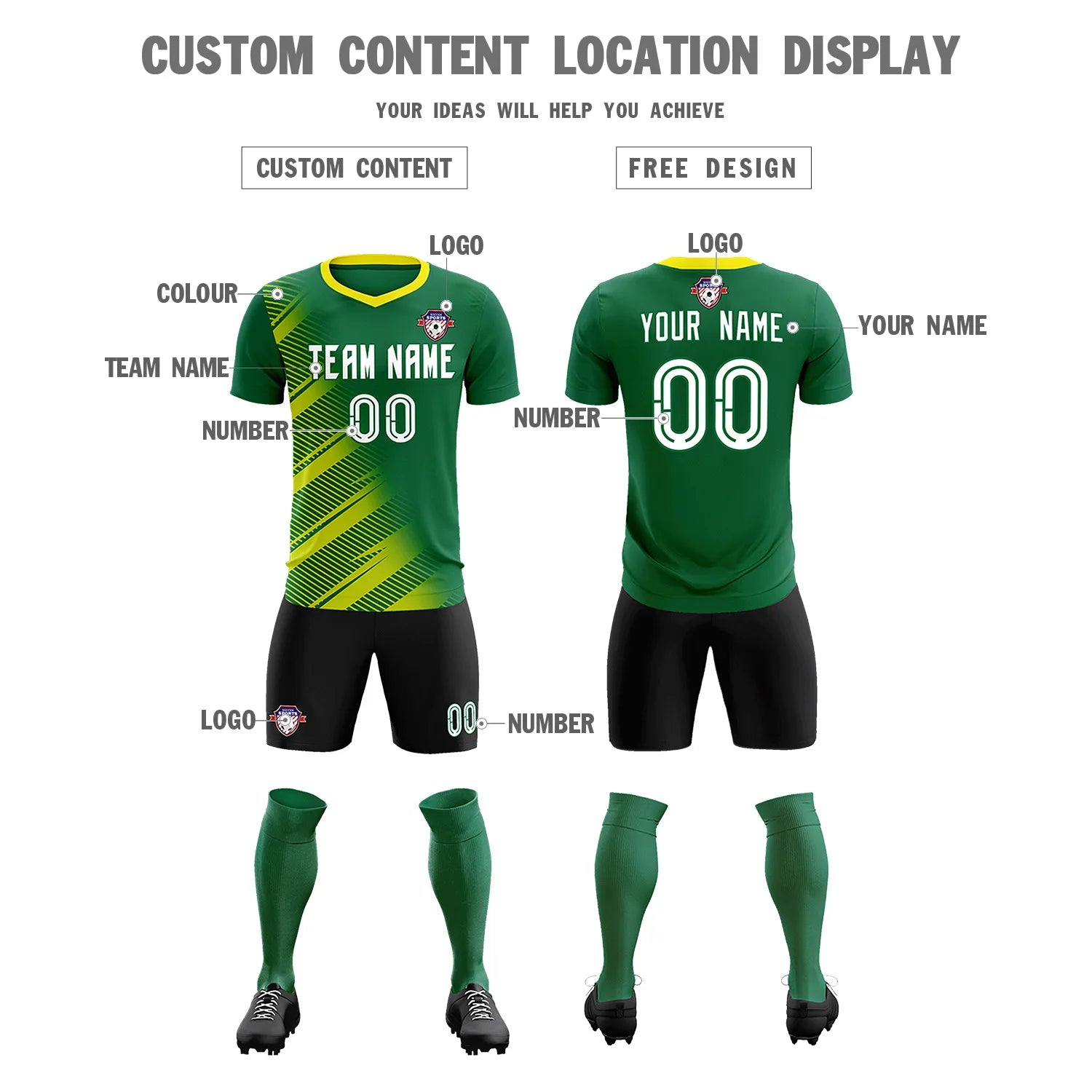 Custom Green Gold01 Casual Printing Sportswear Soccer Sets Jersey