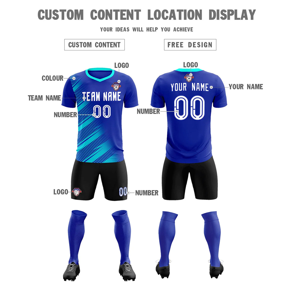 Custom Royal Blue Sky Blue Casual Printing Sportswear Soccer Sets Jersey