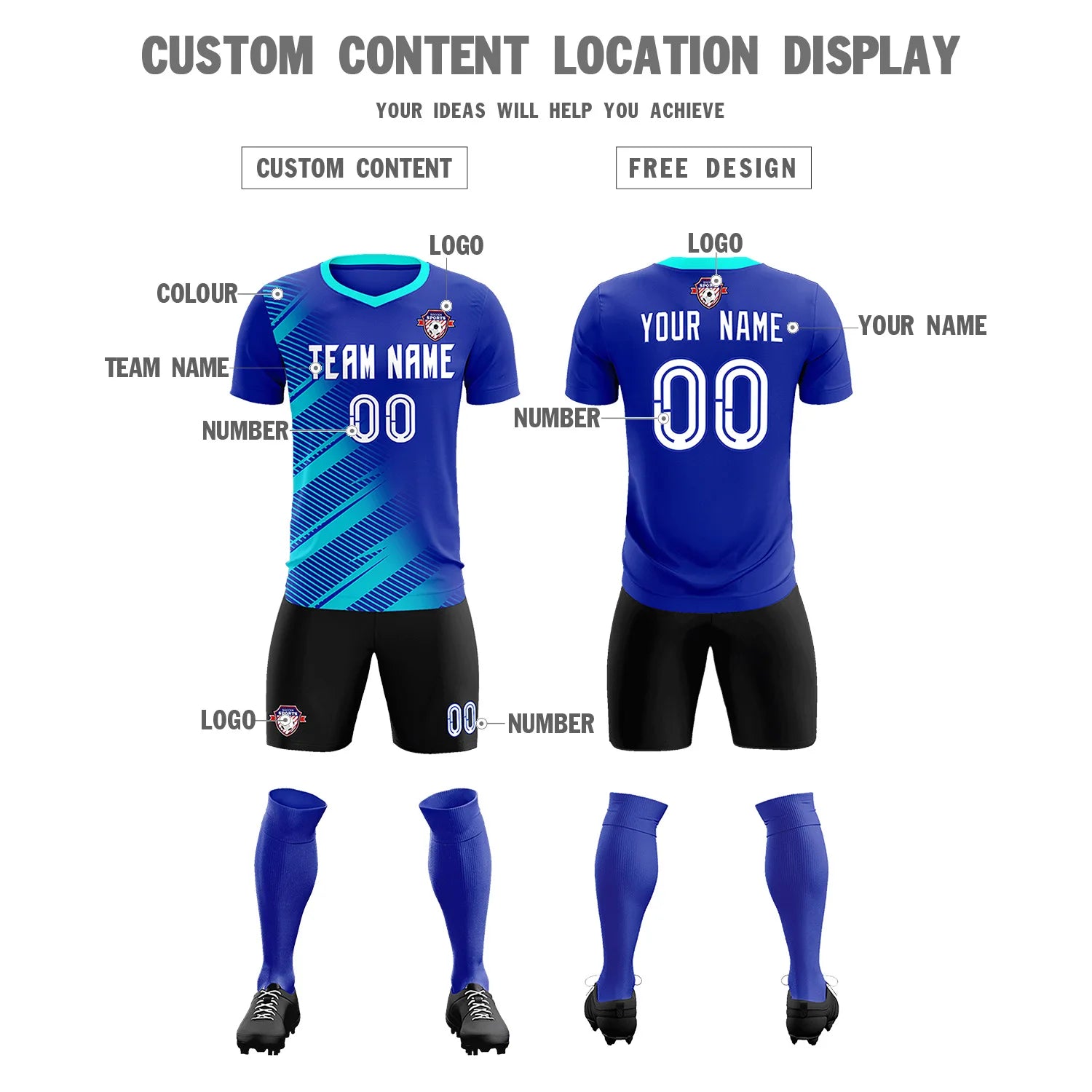 Custom Royal Blue Sky Blue Casual Printing Sportswear Soccer Sets Jersey