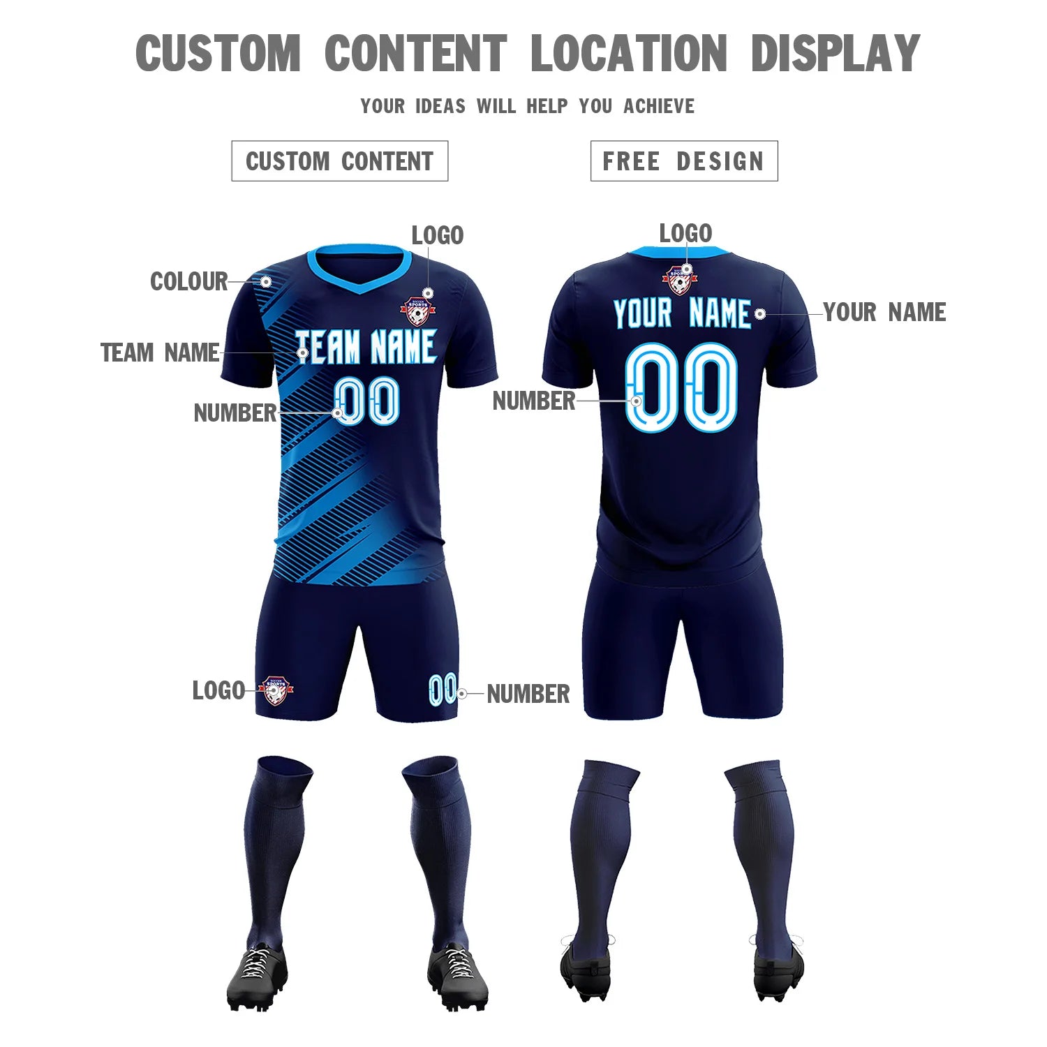 Custom Navy Powder Blue Casual Printing Sportswear Soccer Sets Jersey