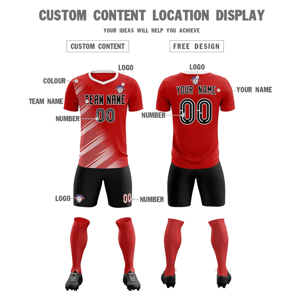 Custom Red White Casual Printing Sportswear Soccer Sets Jersey