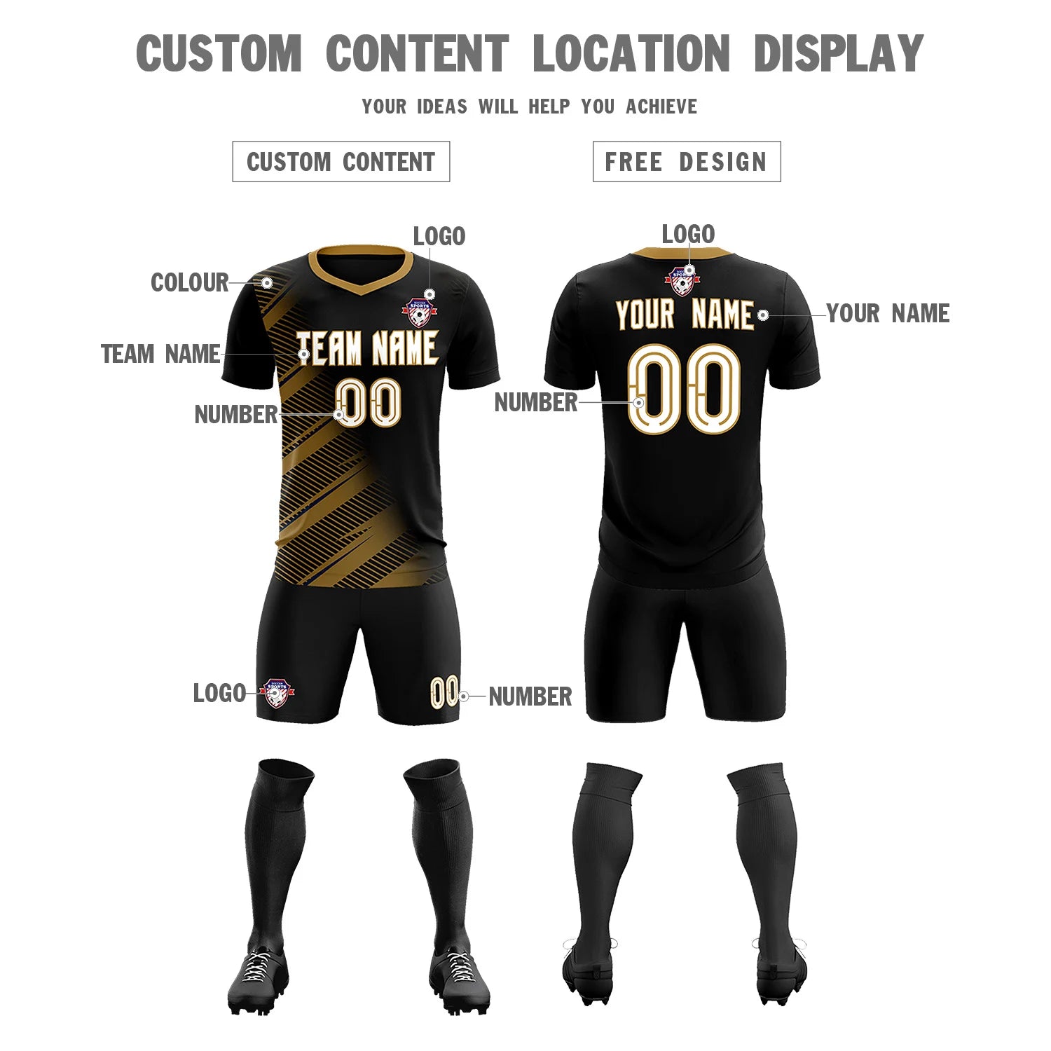 Custom Black Old Gold Casual Printing Sportswear Soccer Sets Jersey