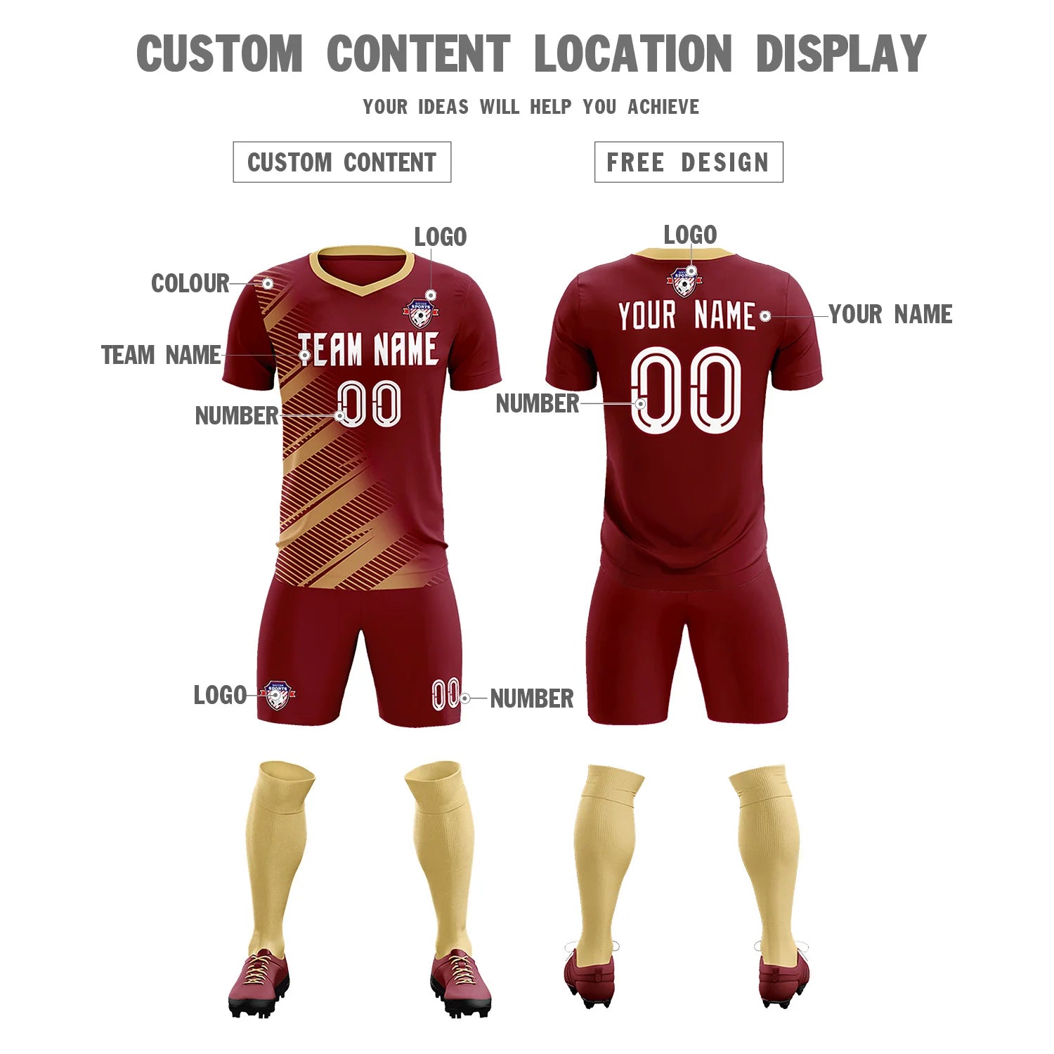 Custom Crimson Khaki Casual Printing Sportswear Soccer Sets Jersey