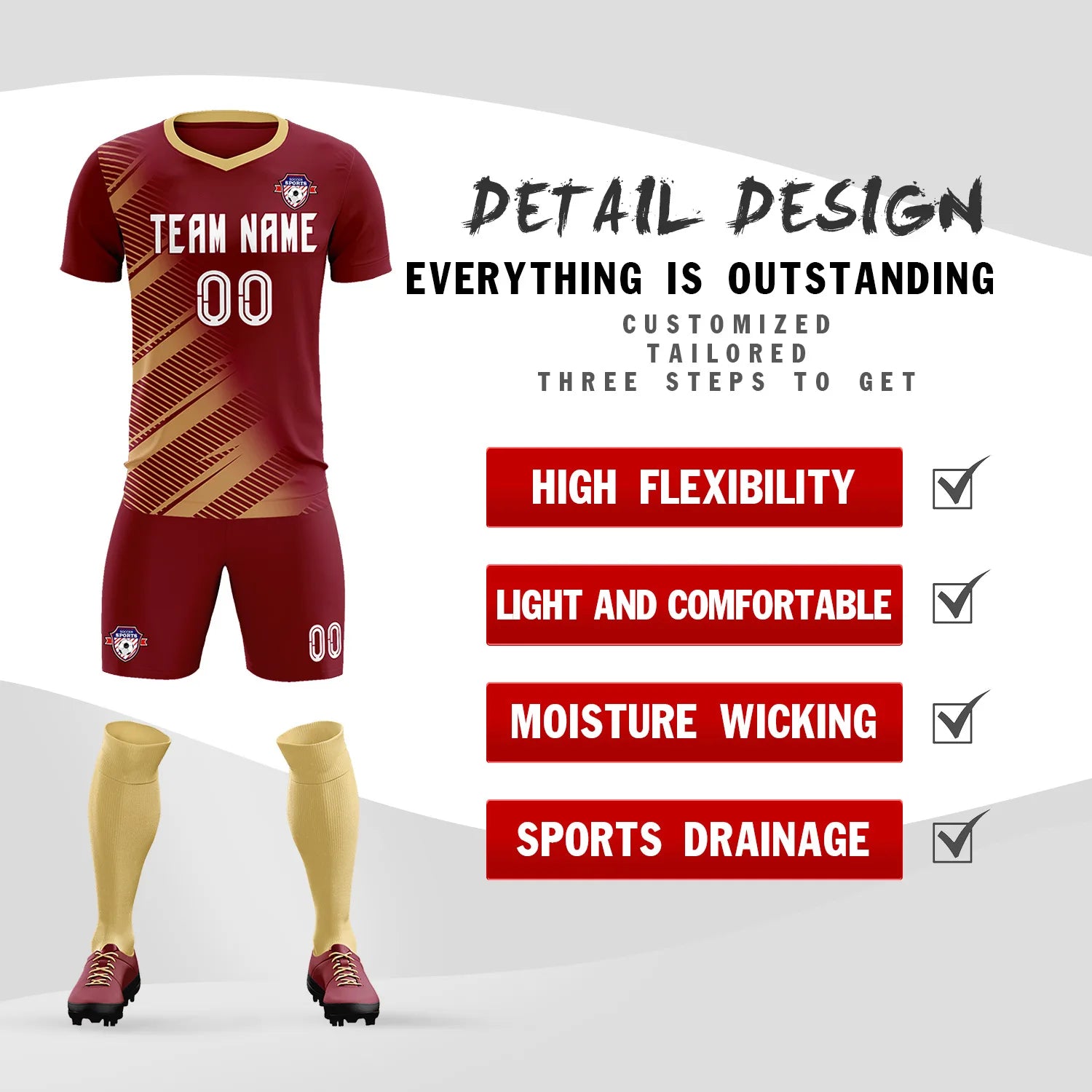 Custom Crimson Khaki Casual Printing Sportswear Soccer Sets Jersey