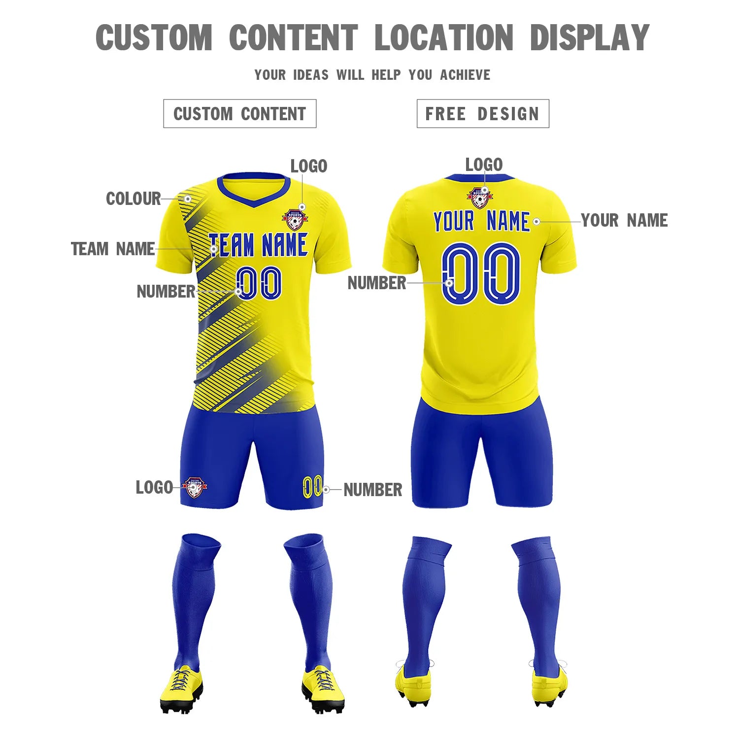 Custom Gold01 Royal Blue Casual Printing Sportswear Soccer Sets Jersey