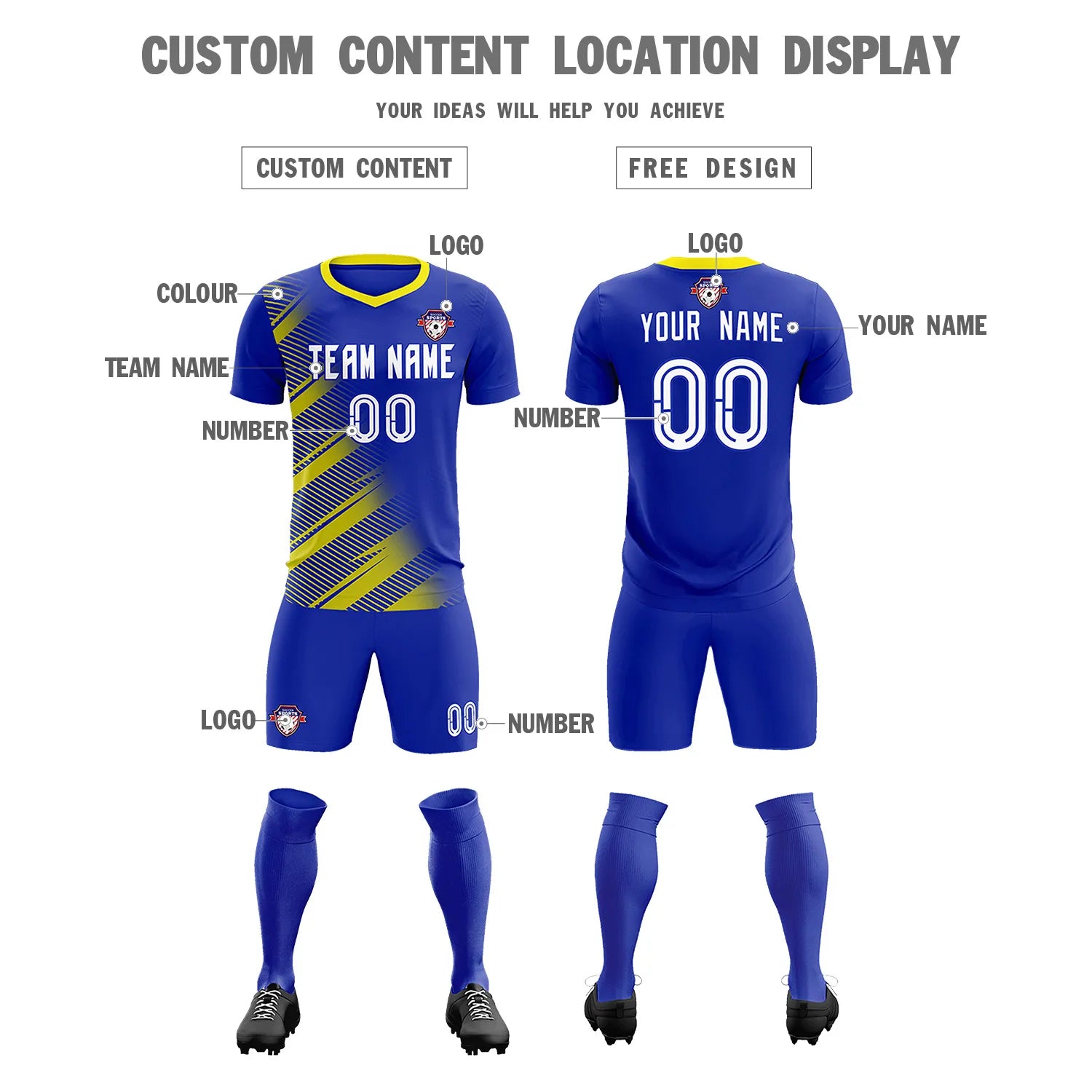 Custom Royal Blue Gold01 Casual Printing Sportswear Soccer Sets Jersey