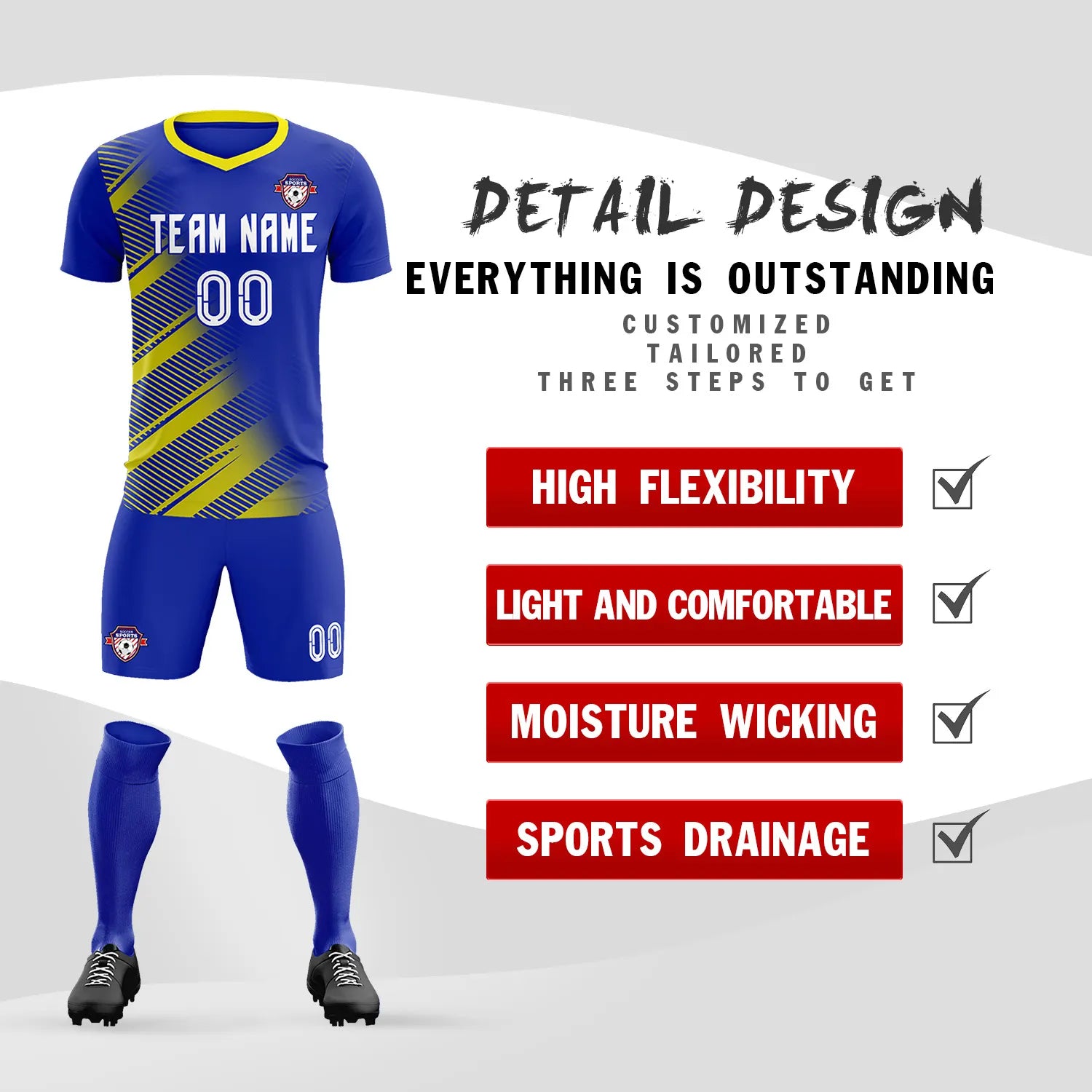 Custom Royal Blue Gold01 Casual Printing Sportswear Soccer Sets Jersey