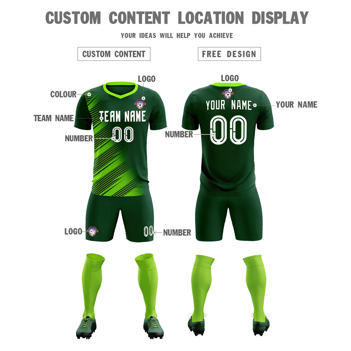Custom Green Neon Green Casual Printing Sportswear Soccer Sets Jersey