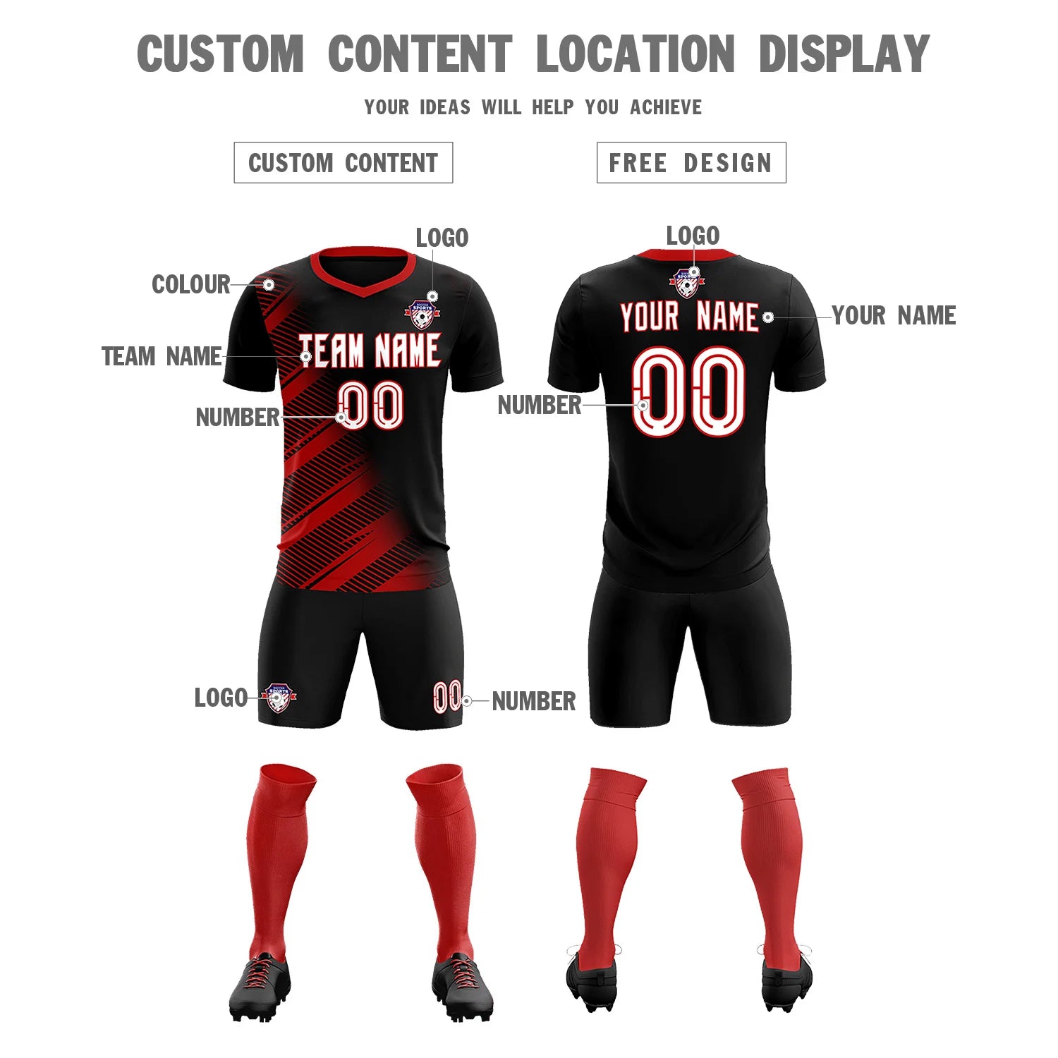 Custom Black Red Casual Printing Sportswear Soccer Sets Jersey