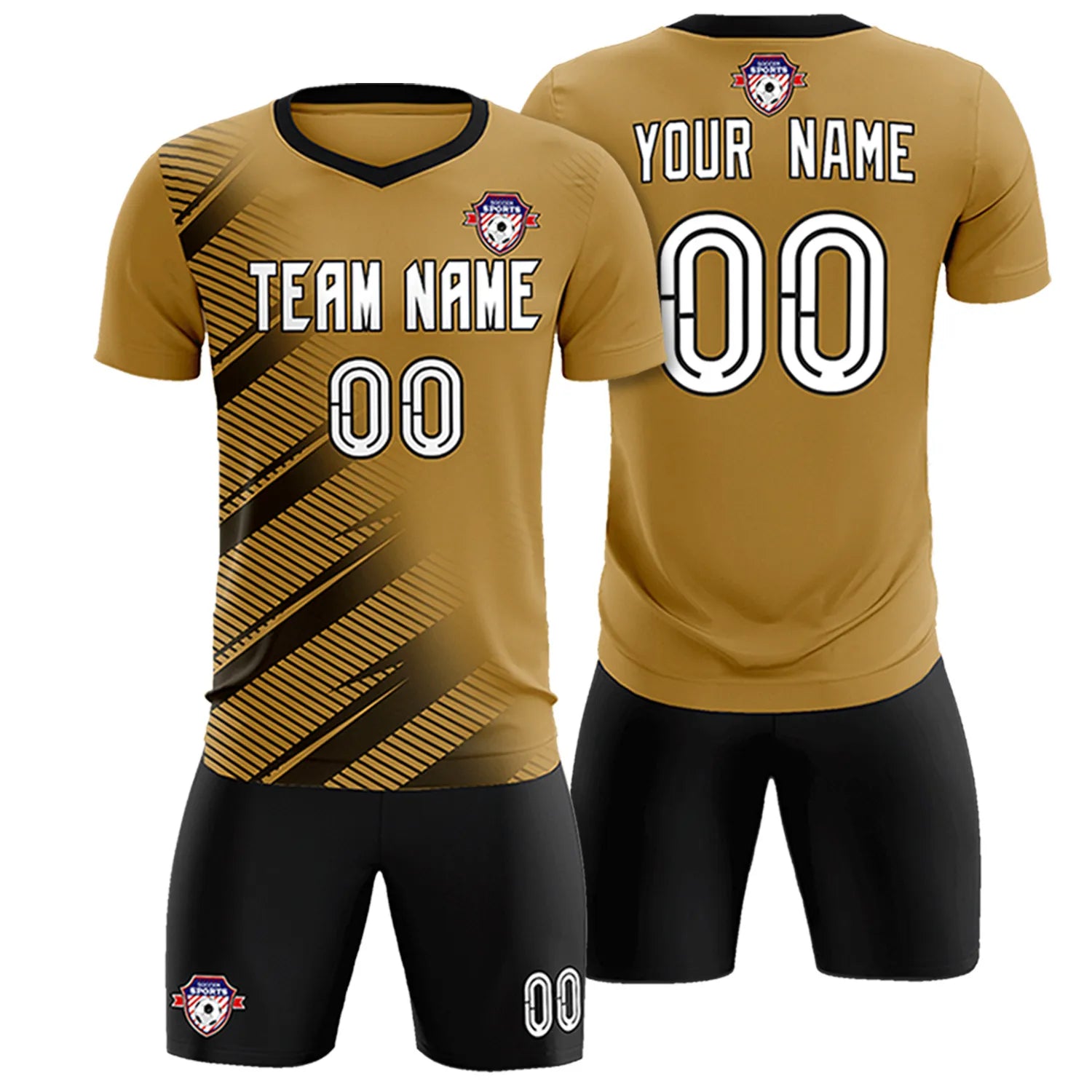 Custom Old Gold Black Casual Printing Sportswear Soccer Sets Jersey