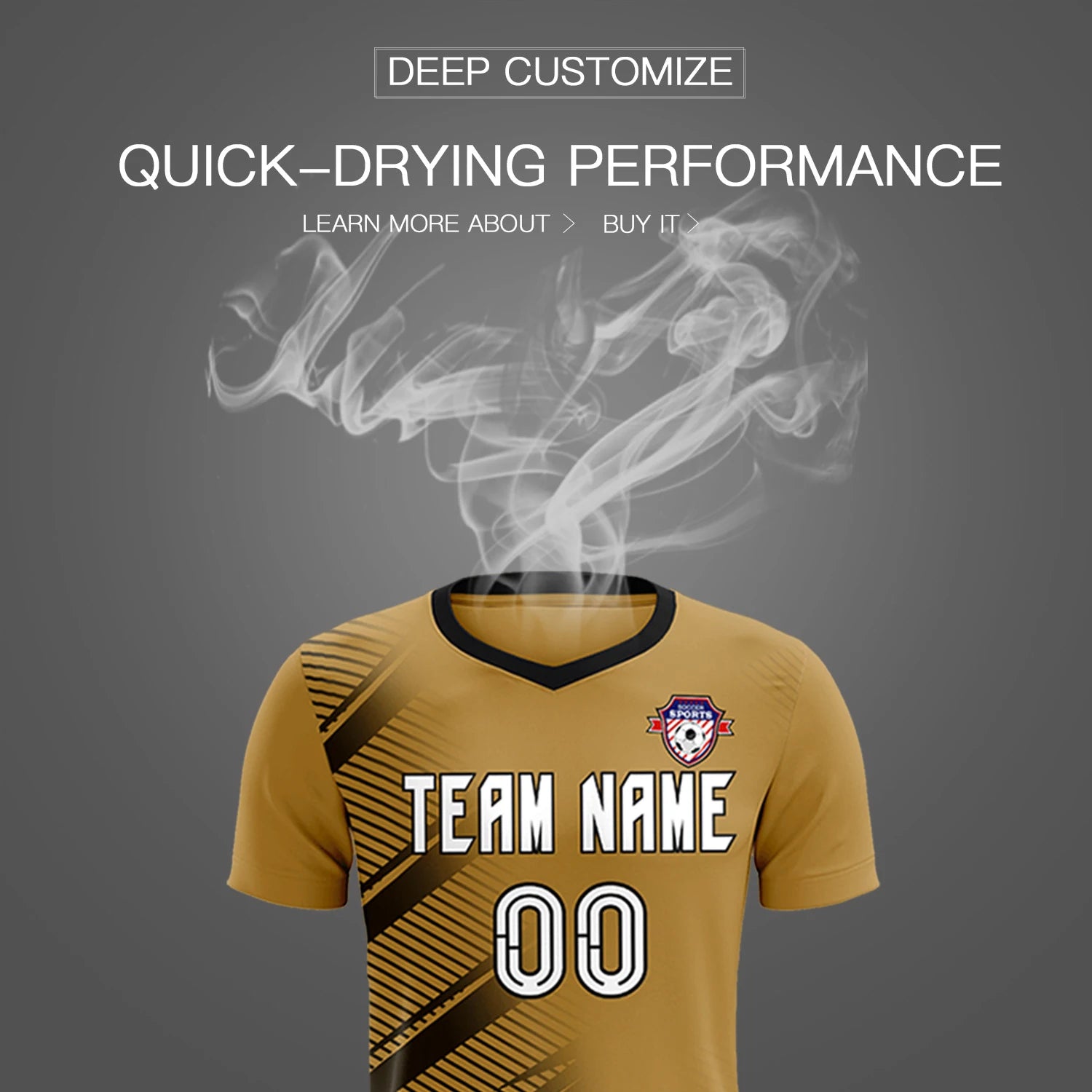 Custom Old Gold Black Casual Printing Sportswear Soccer Sets Jersey