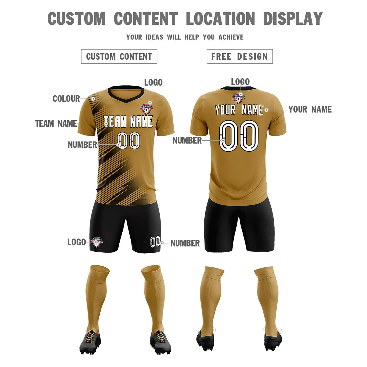Custom Old Gold Black Casual Printing Sportswear Soccer Sets Jersey