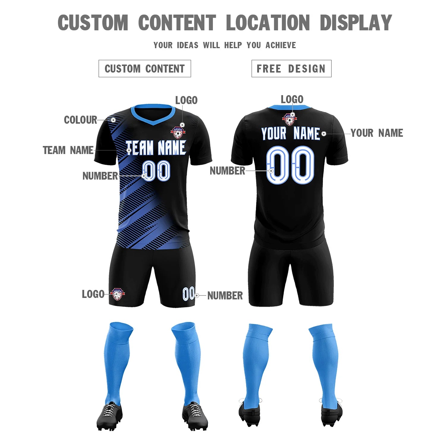 Custom Black Light Blue Casual Printing Sportswear Soccer Sets Jersey