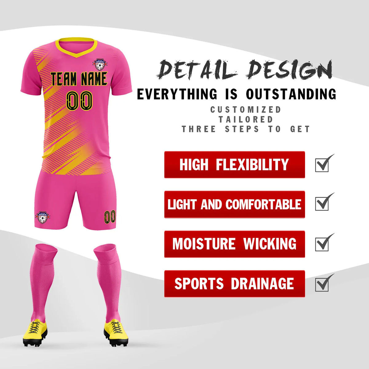 Custom Pink Gold01 Casual Printing Sportswear Soccer Sets Jersey