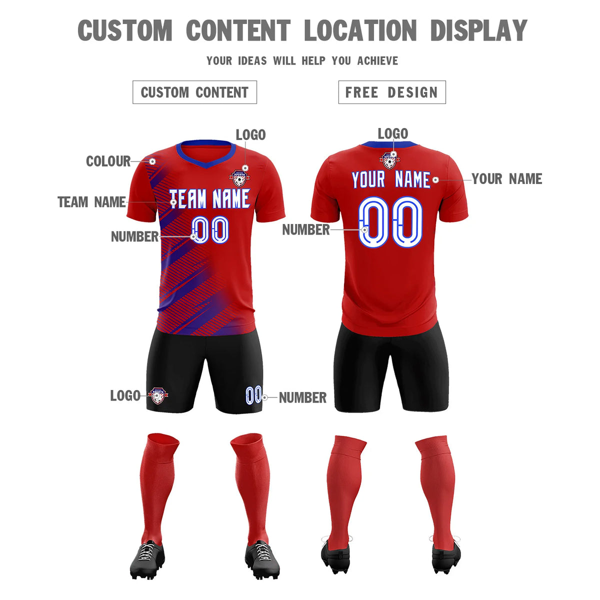 Custom Red Royal Blue Casual Printing Sportswear Soccer Sets Jersey