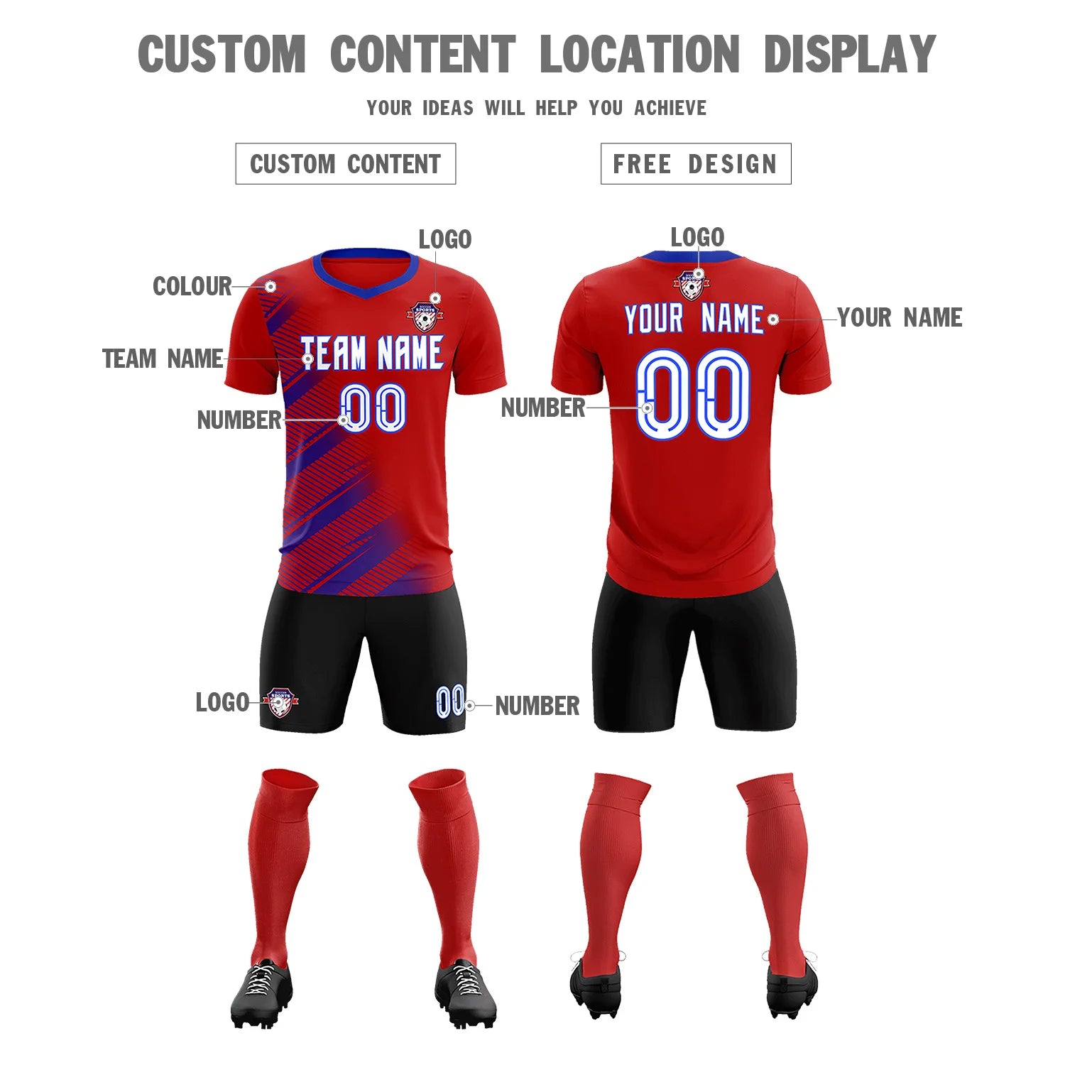 Custom Red Royal Blue Casual Printing Sportswear Soccer Sets Jersey
