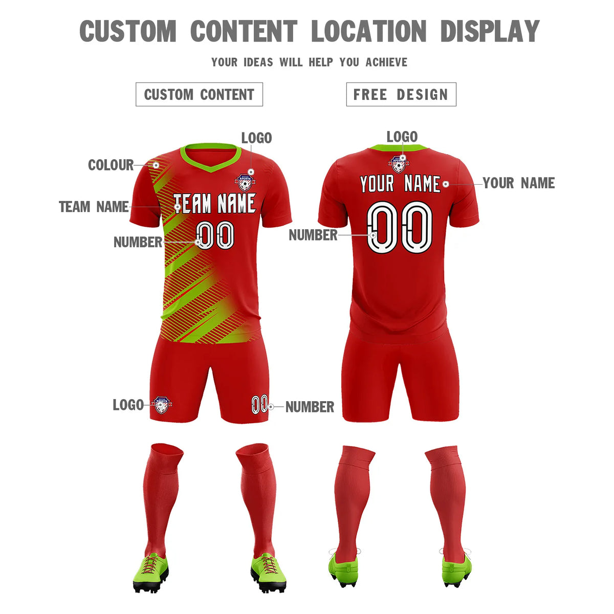 Custom Red Neon Green Casual Printing Sportswear Soccer Sets Jersey