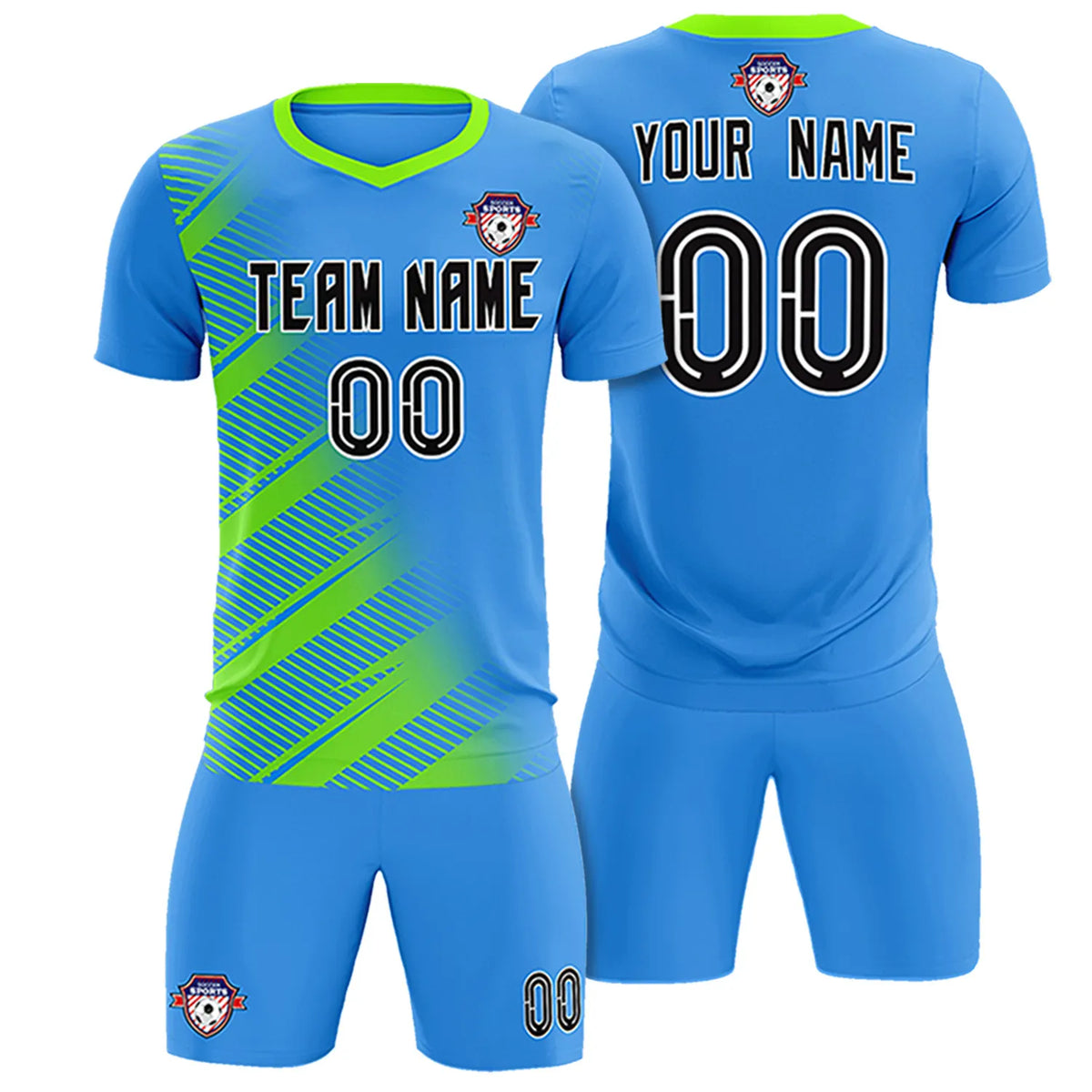 Custom Powder Blue Neon Green Casual Printing Sportswear Soccer Sets Jersey