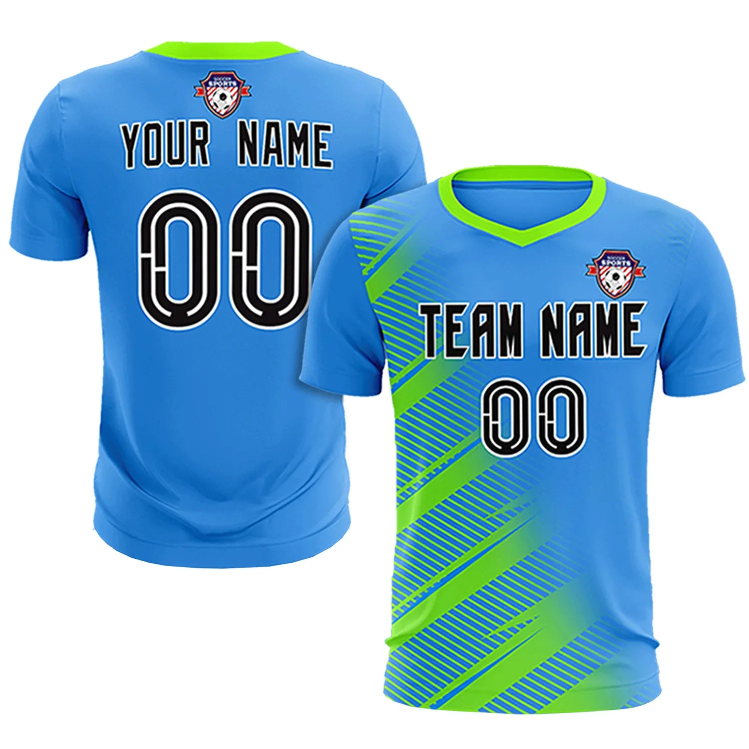 Custom Powder Blue Neon Green Casual Printing Sportswear Soccer Sets Jersey