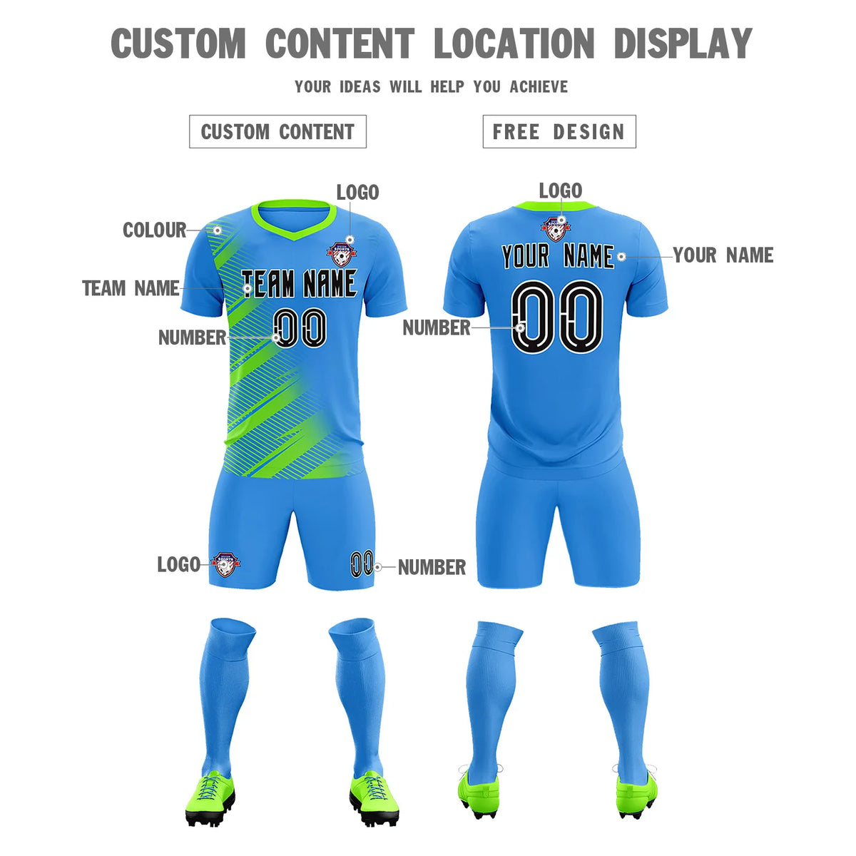 Custom Powder Blue Neon Green Casual Printing Sportswear Soccer Sets Jersey