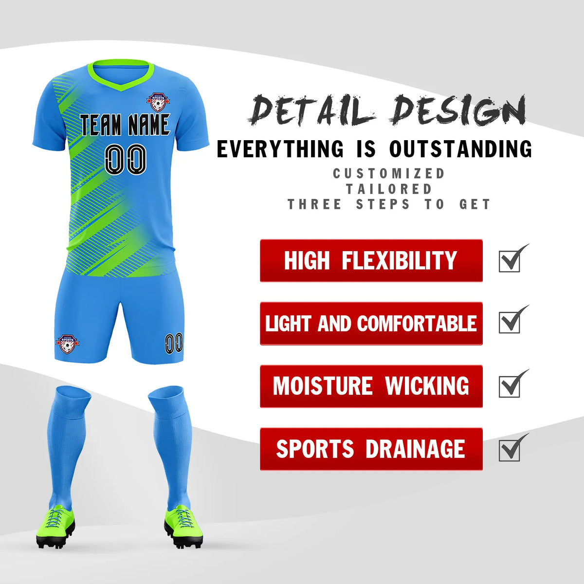 Custom Powder Blue Neon Green Casual Printing Sportswear Soccer Sets Jersey