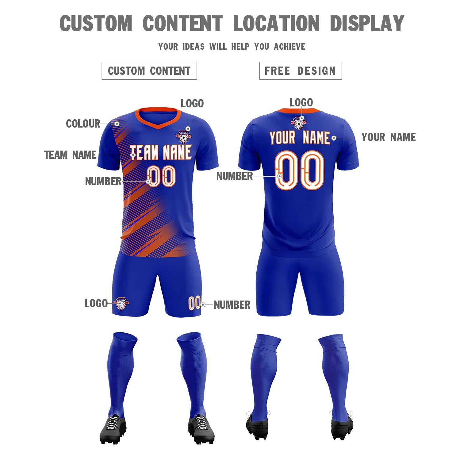 Custom Royal Blue Orange Casual Printing Sportswear Soccer Sets Jersey