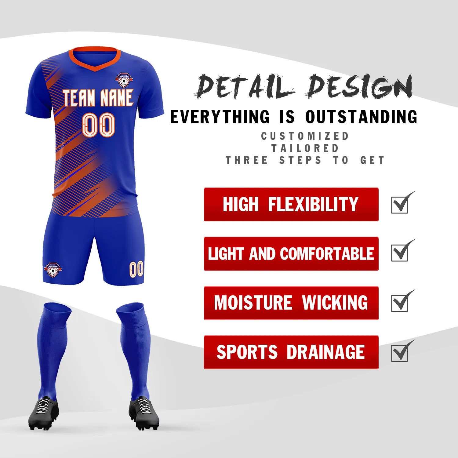 Custom Royal Blue Orange Casual Printing Sportswear Soccer Sets Jersey