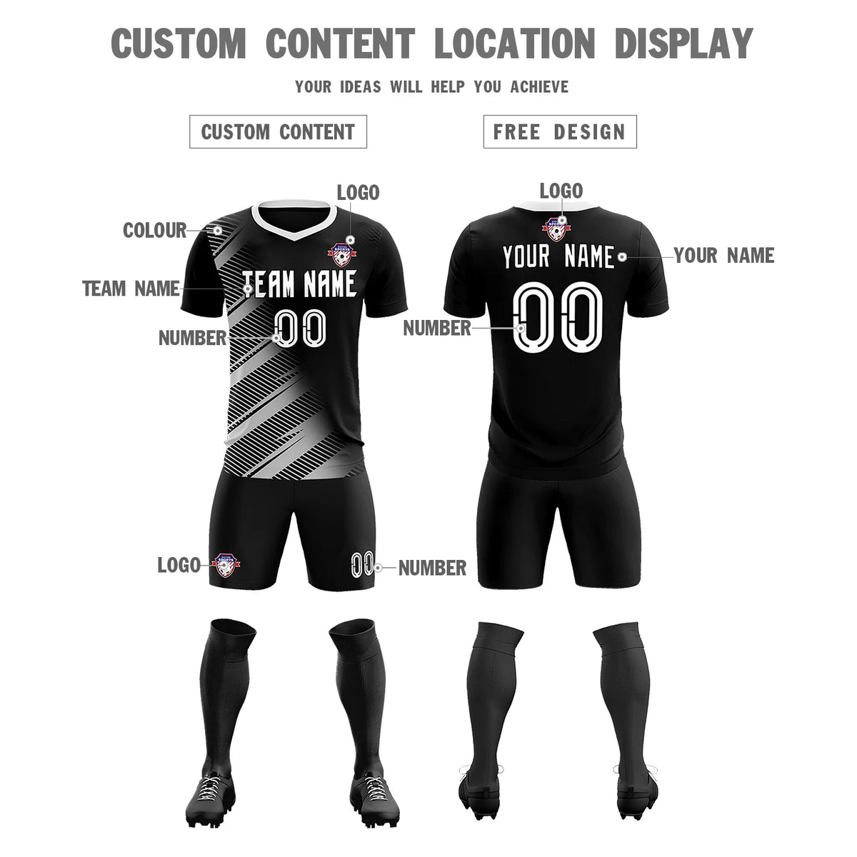 Custom Black White Casual Printing Sportswear Soccer Sets Jersey