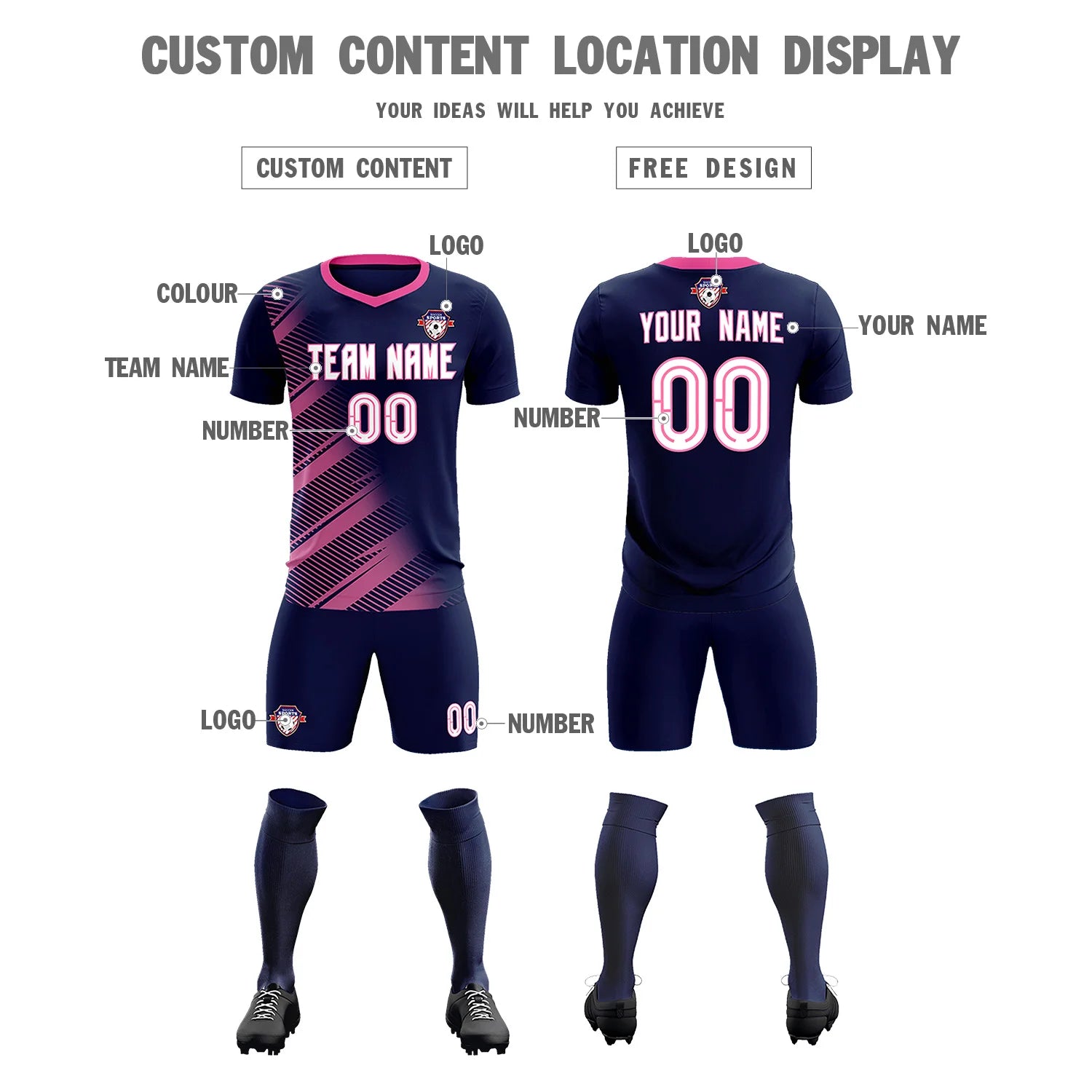 Custom Navy Pink Casual Printing Sportswear Soccer Sets Jersey