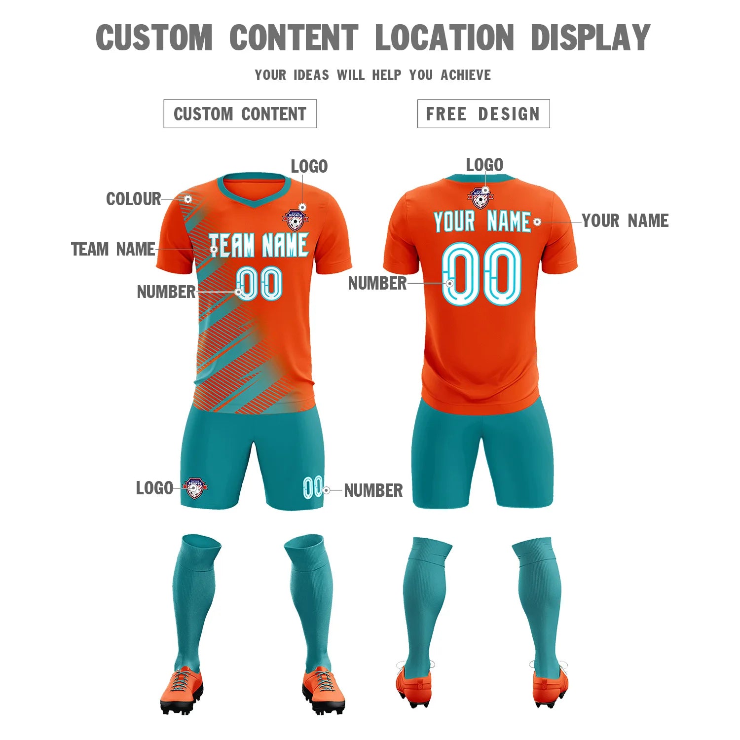 Custom Orange Aqua Casual Printing Sportswear Soccer Sets Jersey