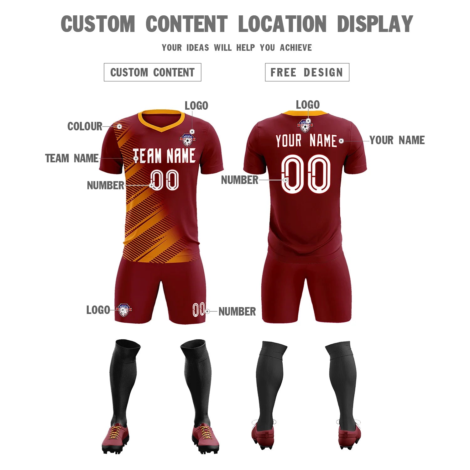 Custom Crimson Yellow Casual Printing Sportswear Soccer Sets Jersey