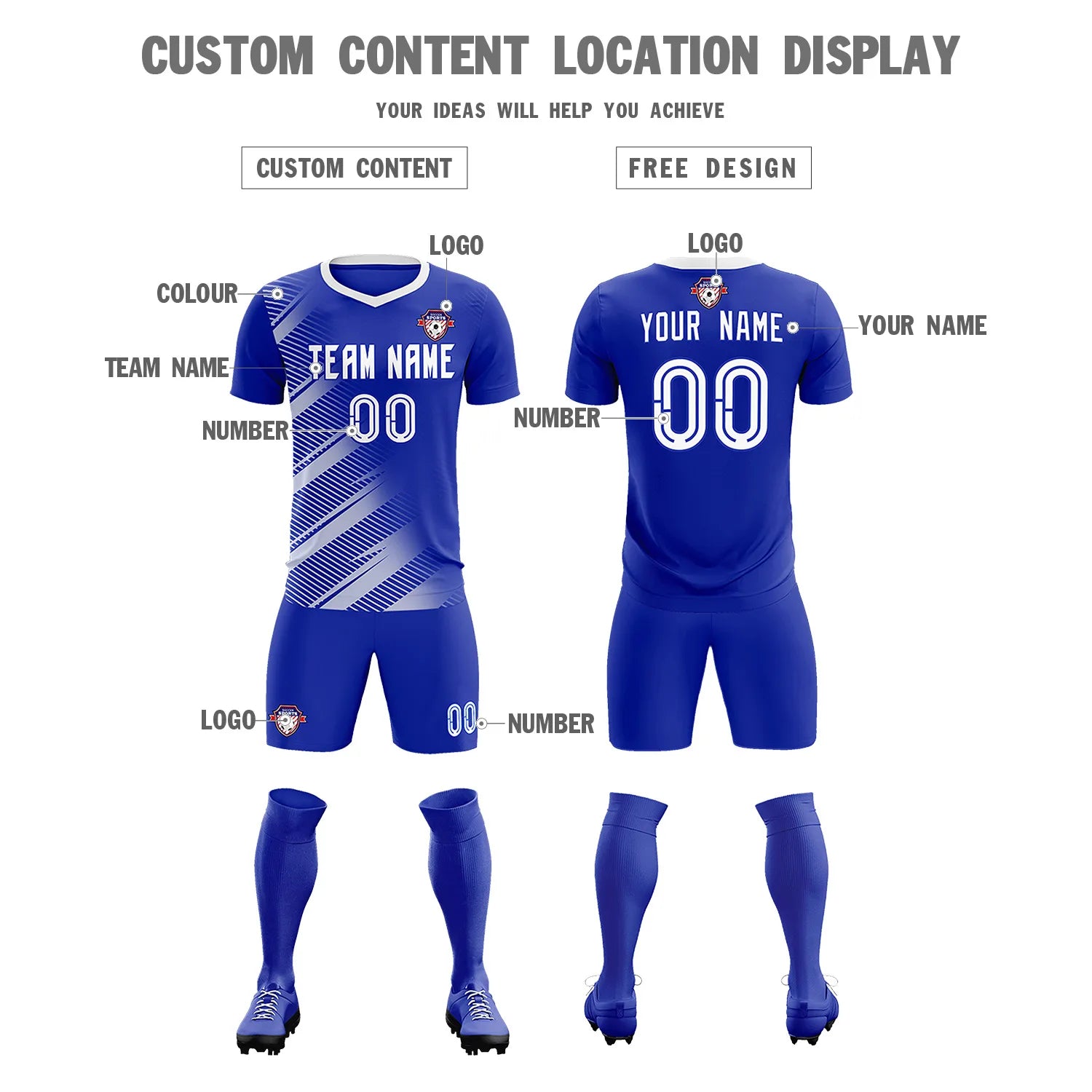 Custom Royal Blue White Casual Printing Sportswear Soccer Sets Jersey