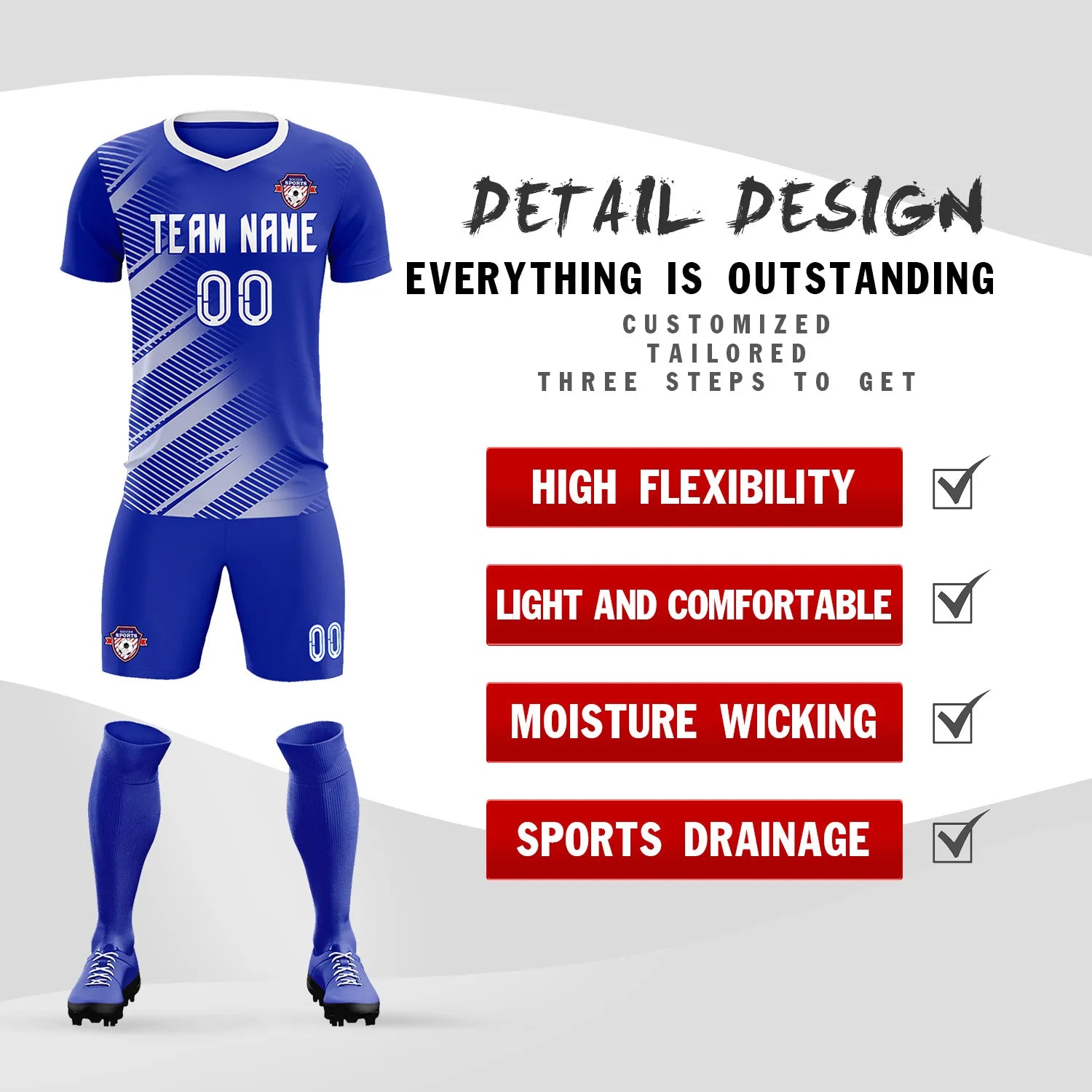 Custom Royal Blue White Casual Printing Sportswear Soccer Sets Jersey