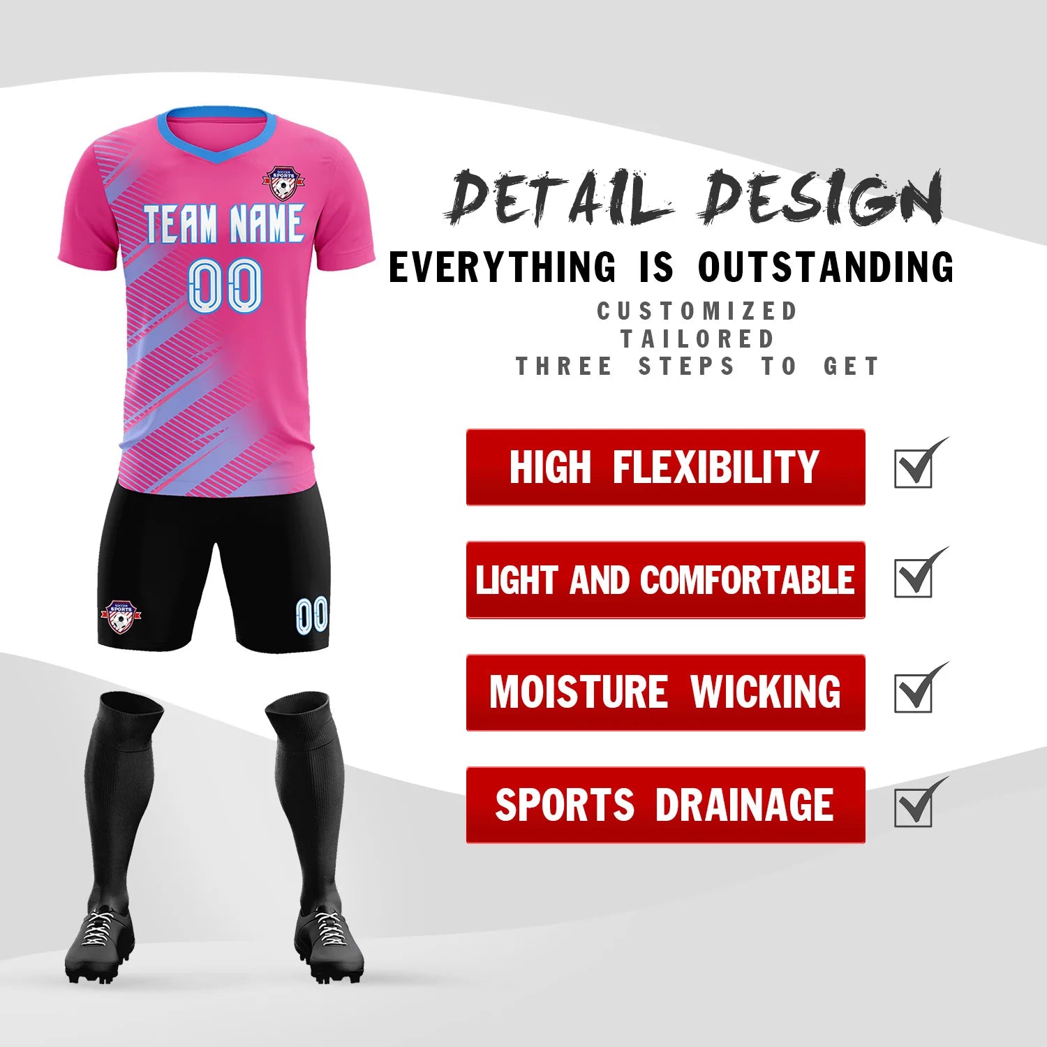 Custom Pink Powder Blue Casual Printing Sportswear Soccer Sets Jersey