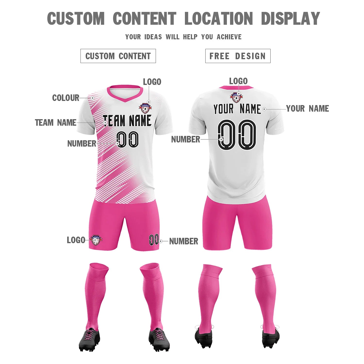 Custom White Pink Casual Printing Sportswear Soccer Sets Jersey