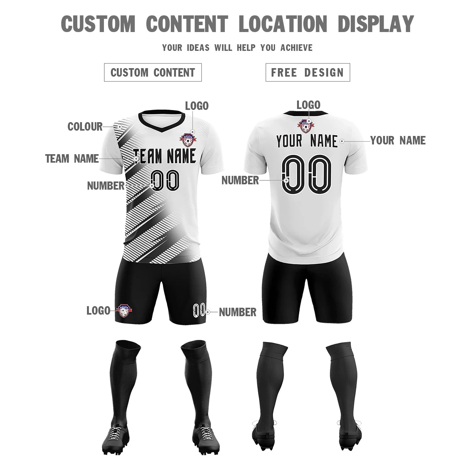 Custom White Black Casual Printing Sportswear Soccer Sets Jersey