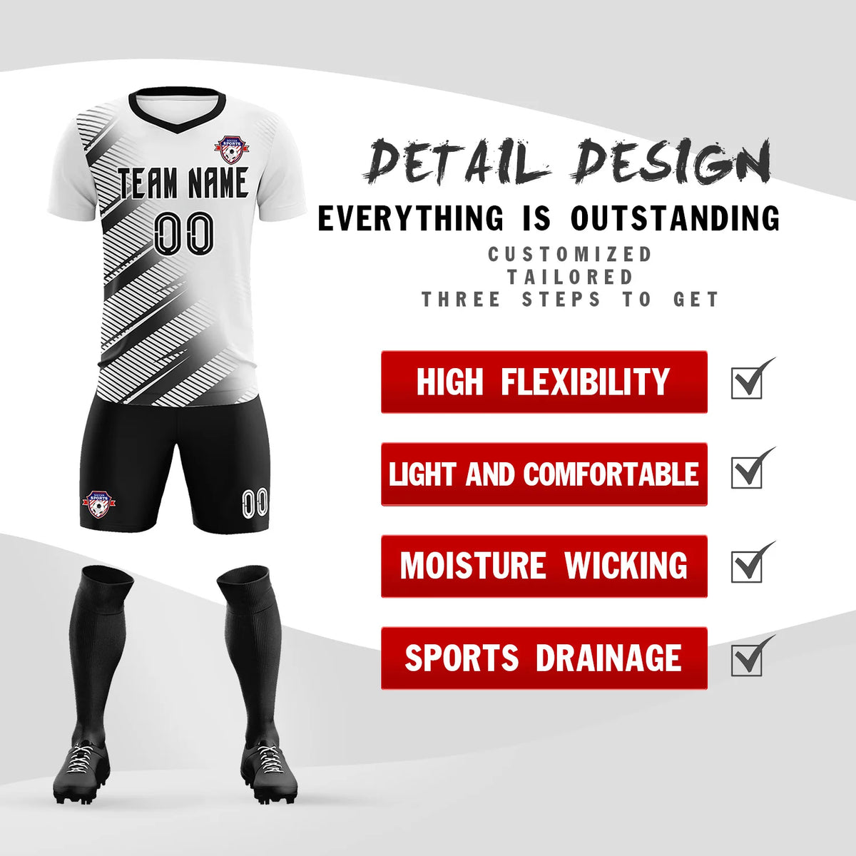 Custom White Black Casual Printing Sportswear Soccer Sets Jersey