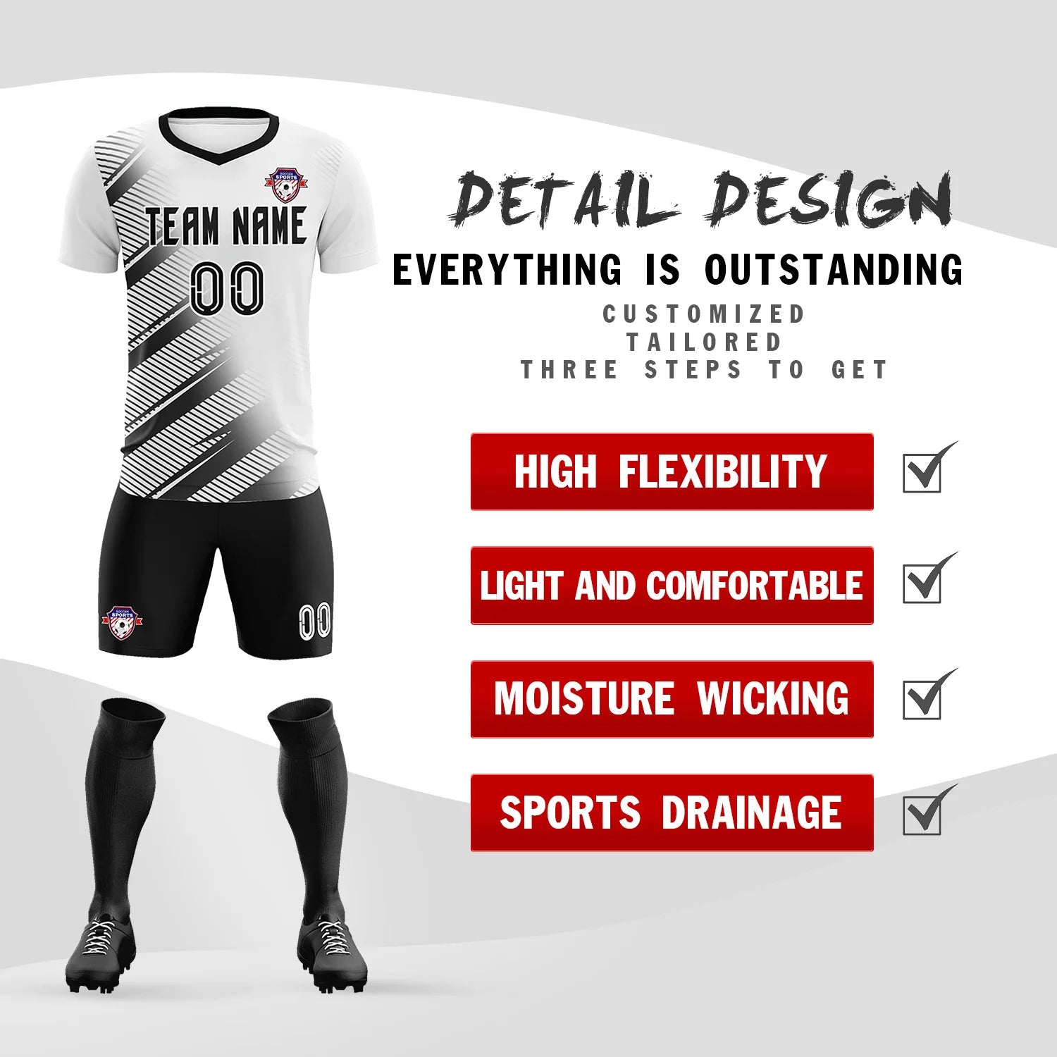 Custom White Black Casual Printing Sportswear Soccer Sets Jersey