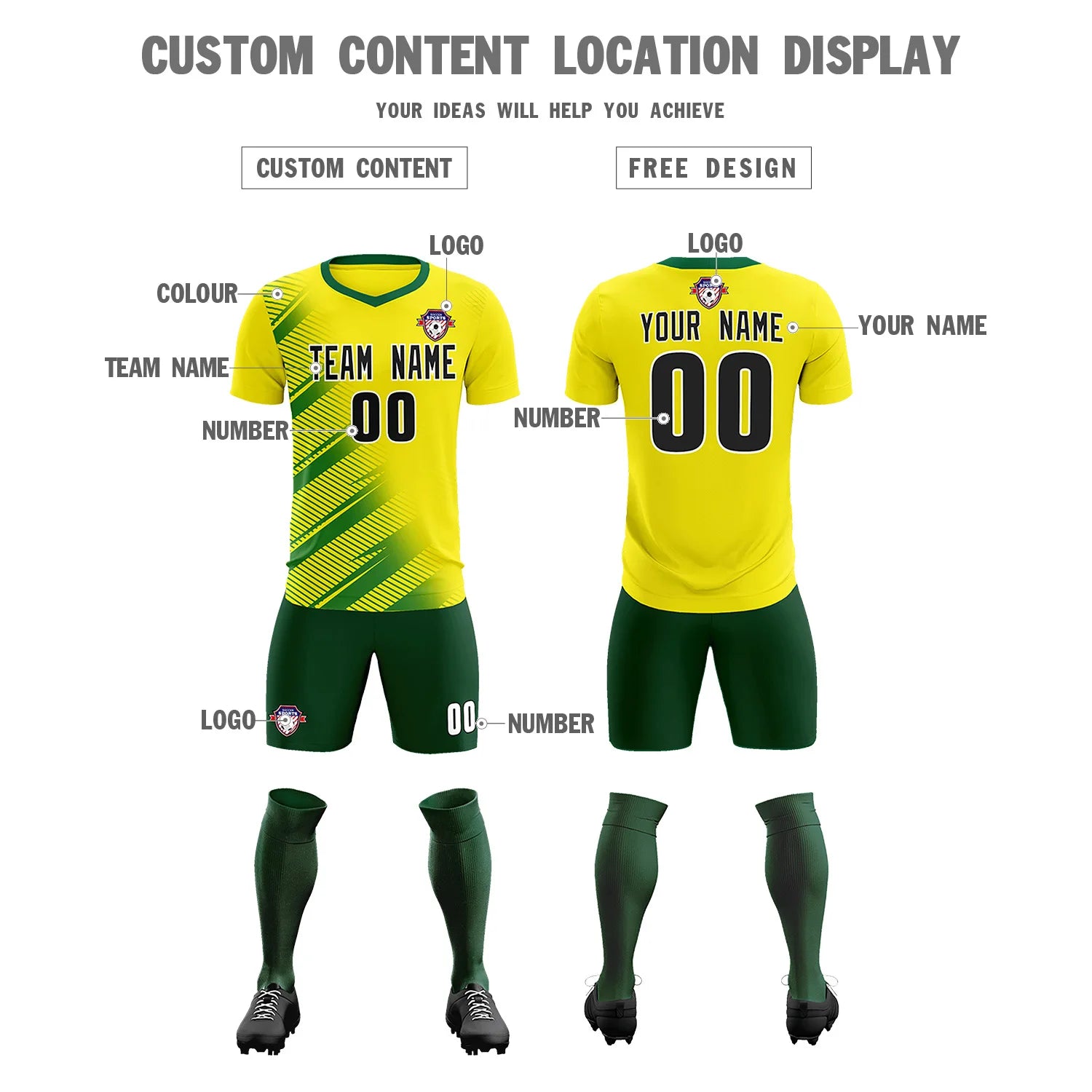 Custom Gold01 Green Casual Printing Sportswear Soccer Sets Jersey