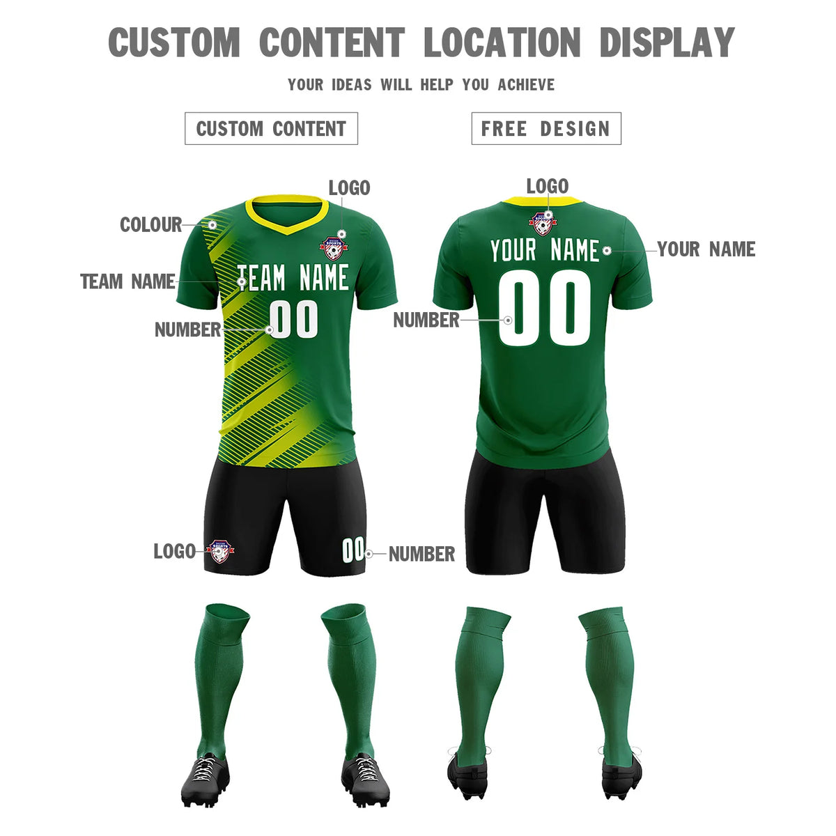 Custom Green Gold01 Casual Printing Sportswear Soccer Sets Jersey