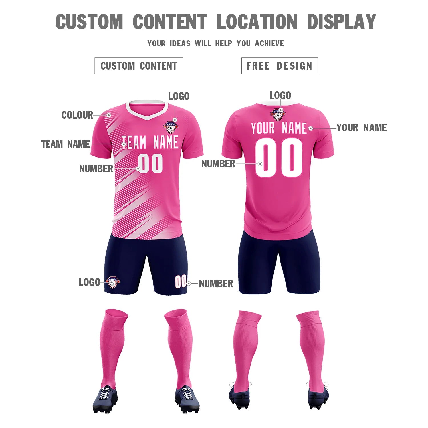Custom Pink White Casual Printing Sportswear Soccer Sets Jersey
