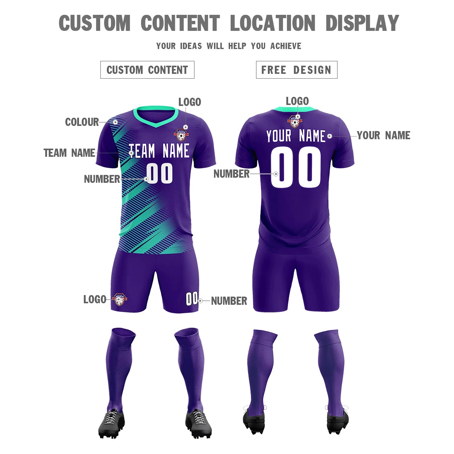 Custom Purple Bright Blue Casual Printing Sportswear Soccer Sets Jersey