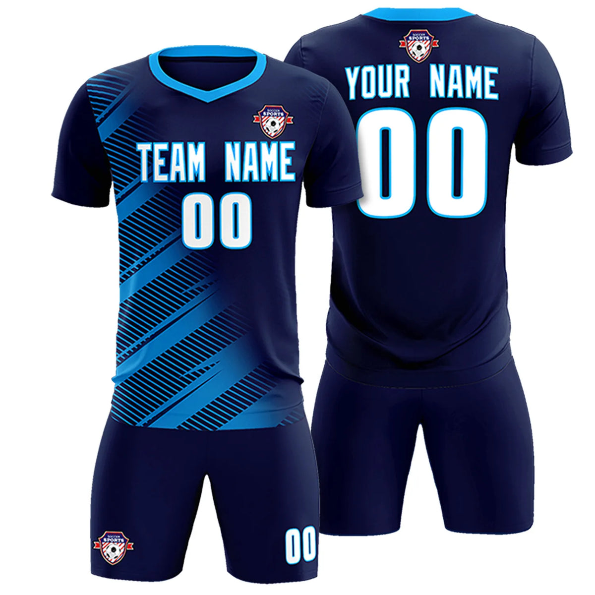 Custom Navy Powder Blue Casual Printing Sportswear Soccer Sets Jersey
