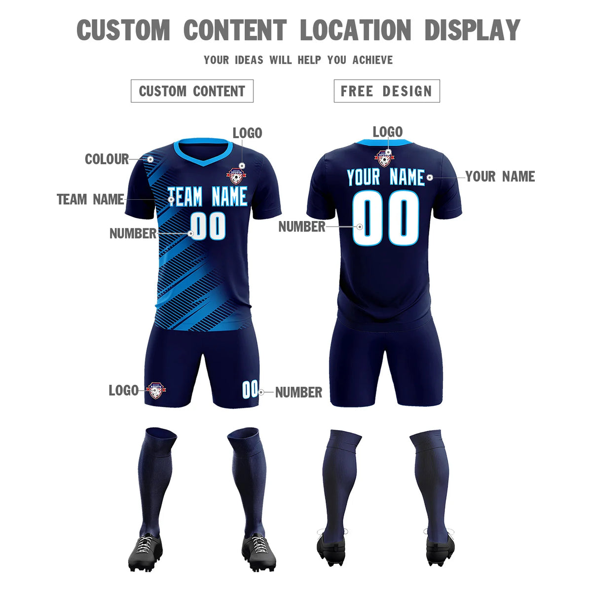 Custom Navy Powder Blue Casual Printing Sportswear Soccer Sets Jersey