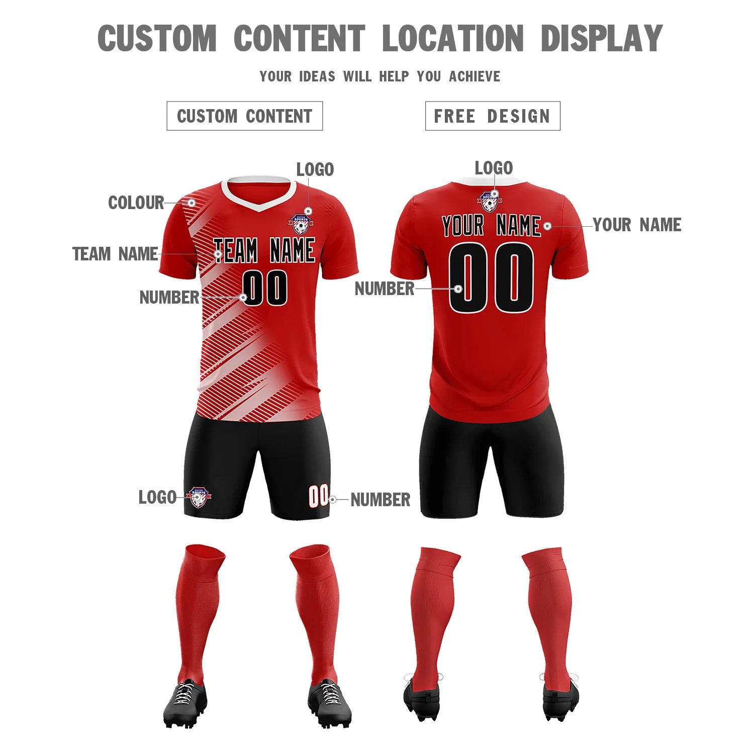 Custom Red White Casual Printing Sportswear Soccer Sets Jersey