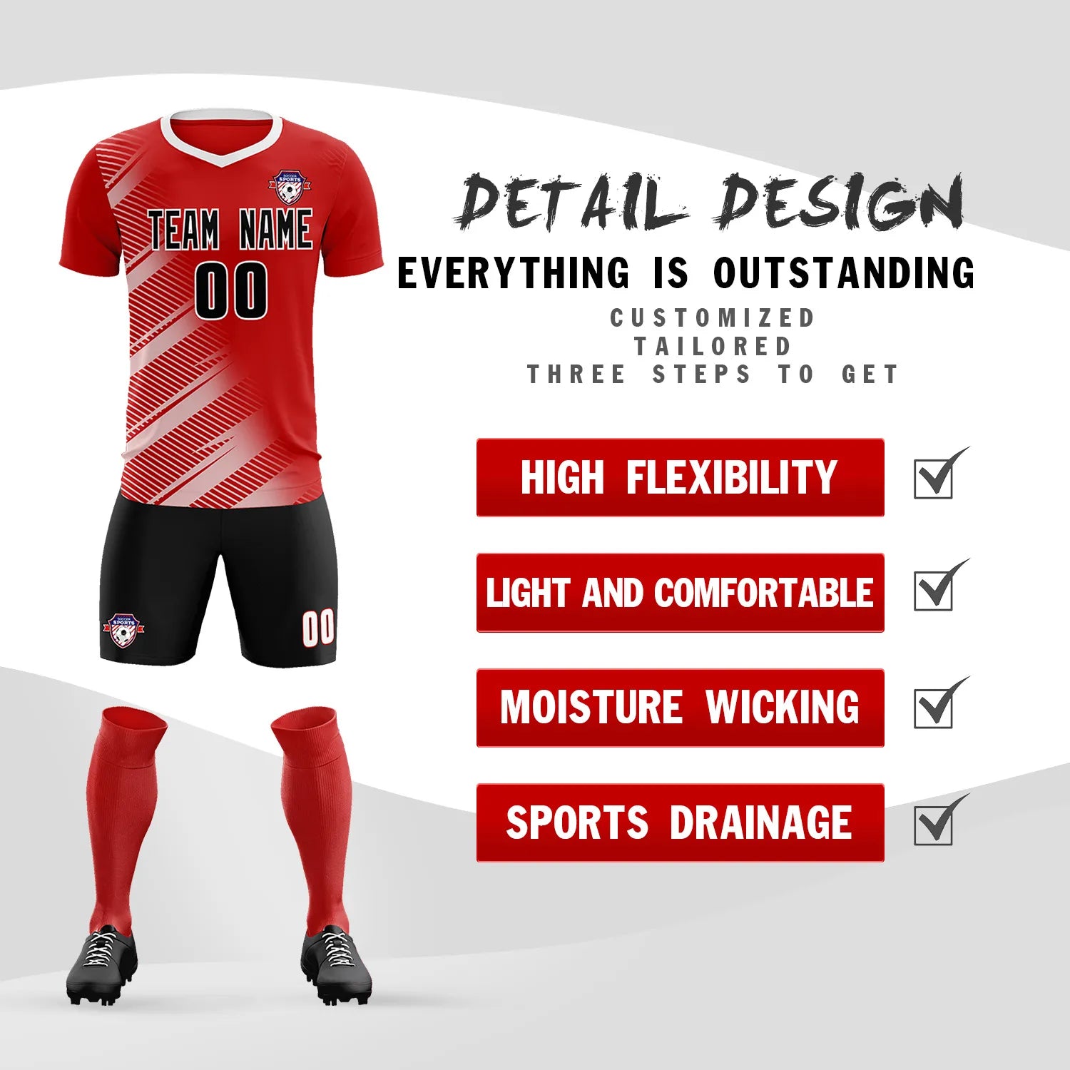 Custom Red White Casual Printing Sportswear Soccer Sets Jersey
